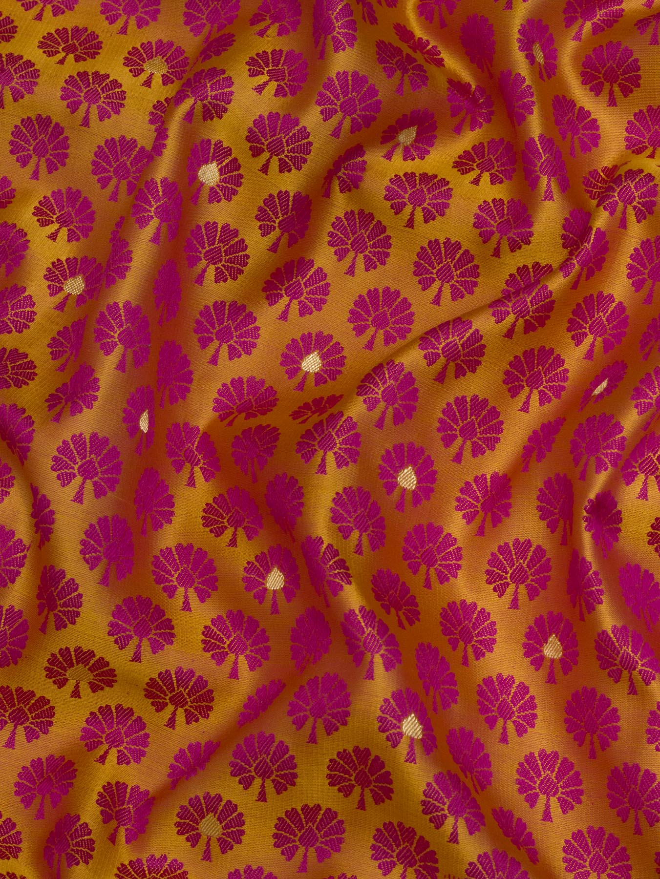 Pure Satin Silk Yellow Banarasi Allover Alfi Jamawar Tanchui & Zari Buti Accents - close-up - ZARISPIRE
