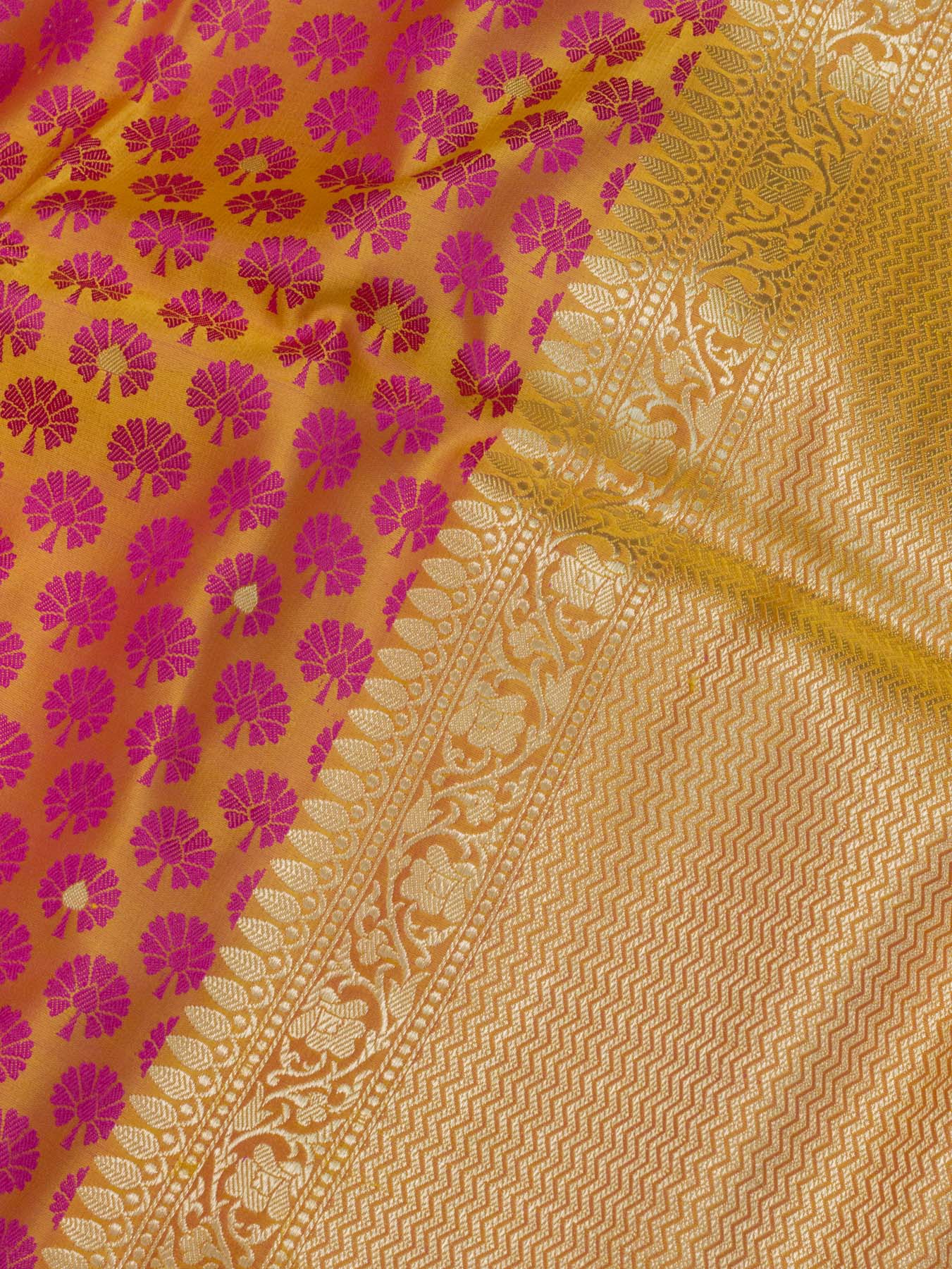 Yellow Pure Satin Silk Handloom Saree with Allover Alfi Jamawar Tanchui & Zari Buti Accents