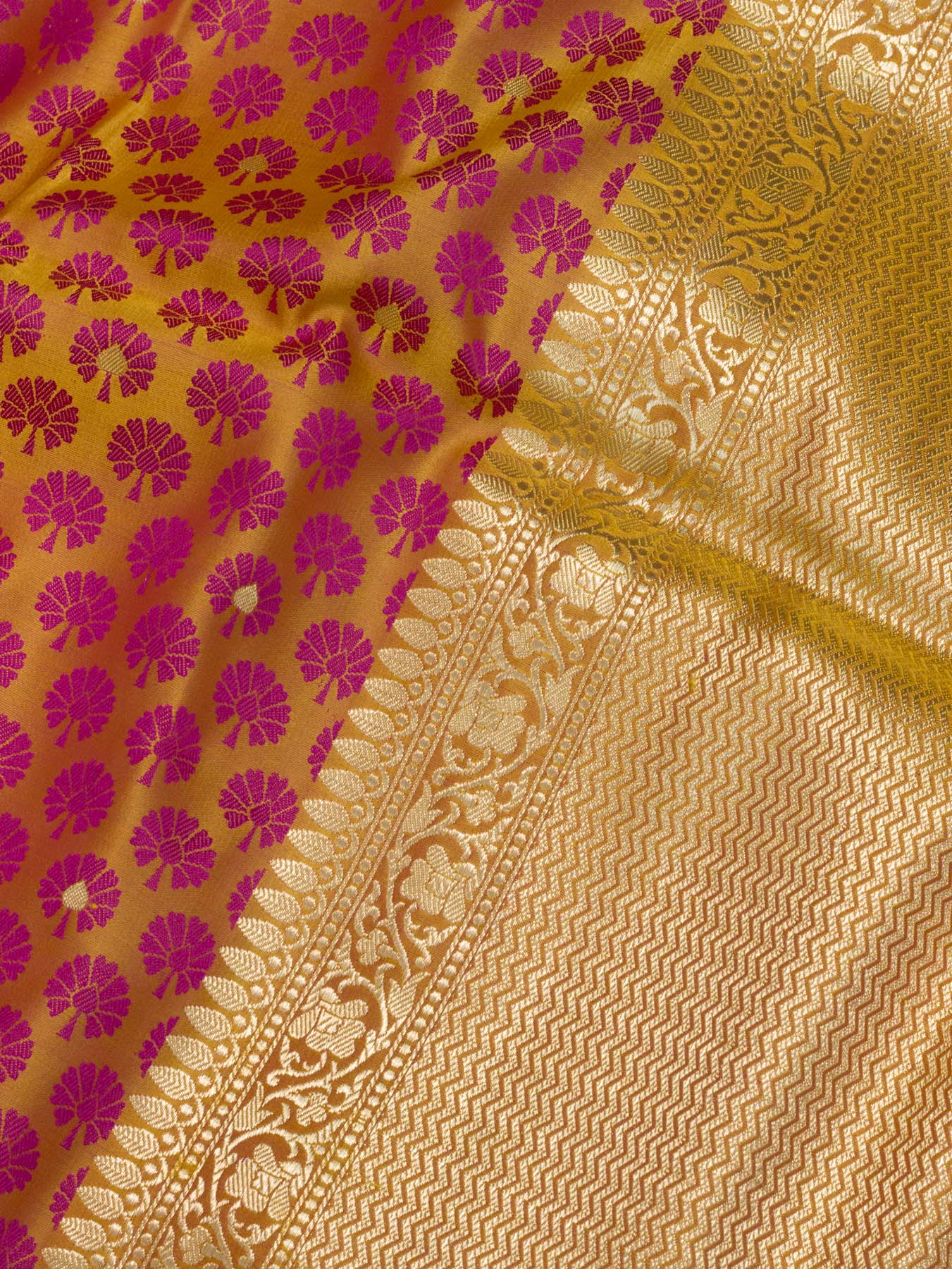 Pure Satin Silk Yellow Banarasi Allover Alfi Jamawar Tanchui & Zari Buti Accents - close-up detail of fabric - ZARISPIRE