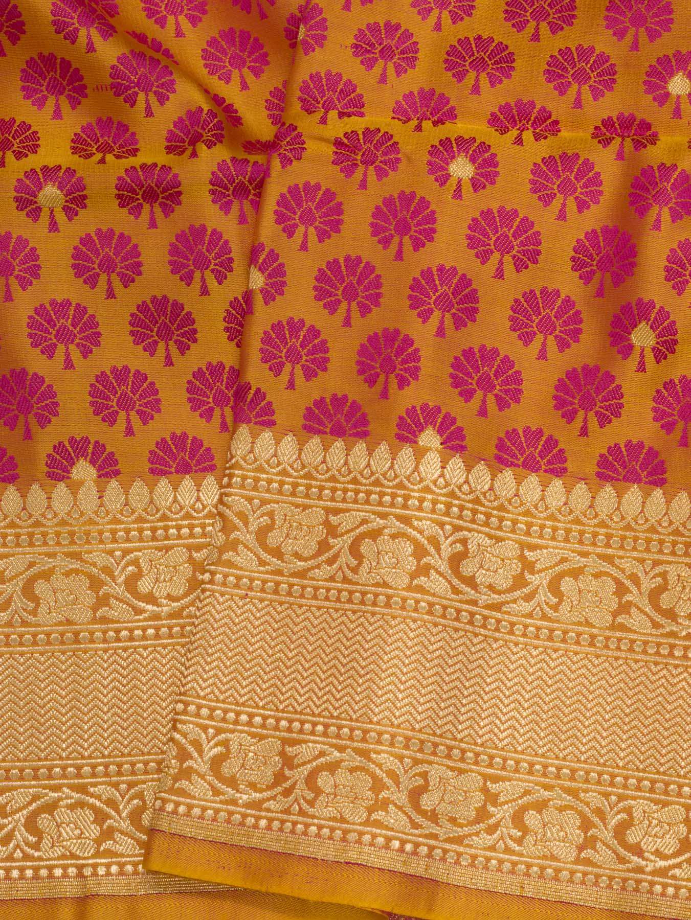 Yellow Pure Satin Silk Handloom Saree with Allover Alfi Jamawar Tanchui & Zari Buti Accents