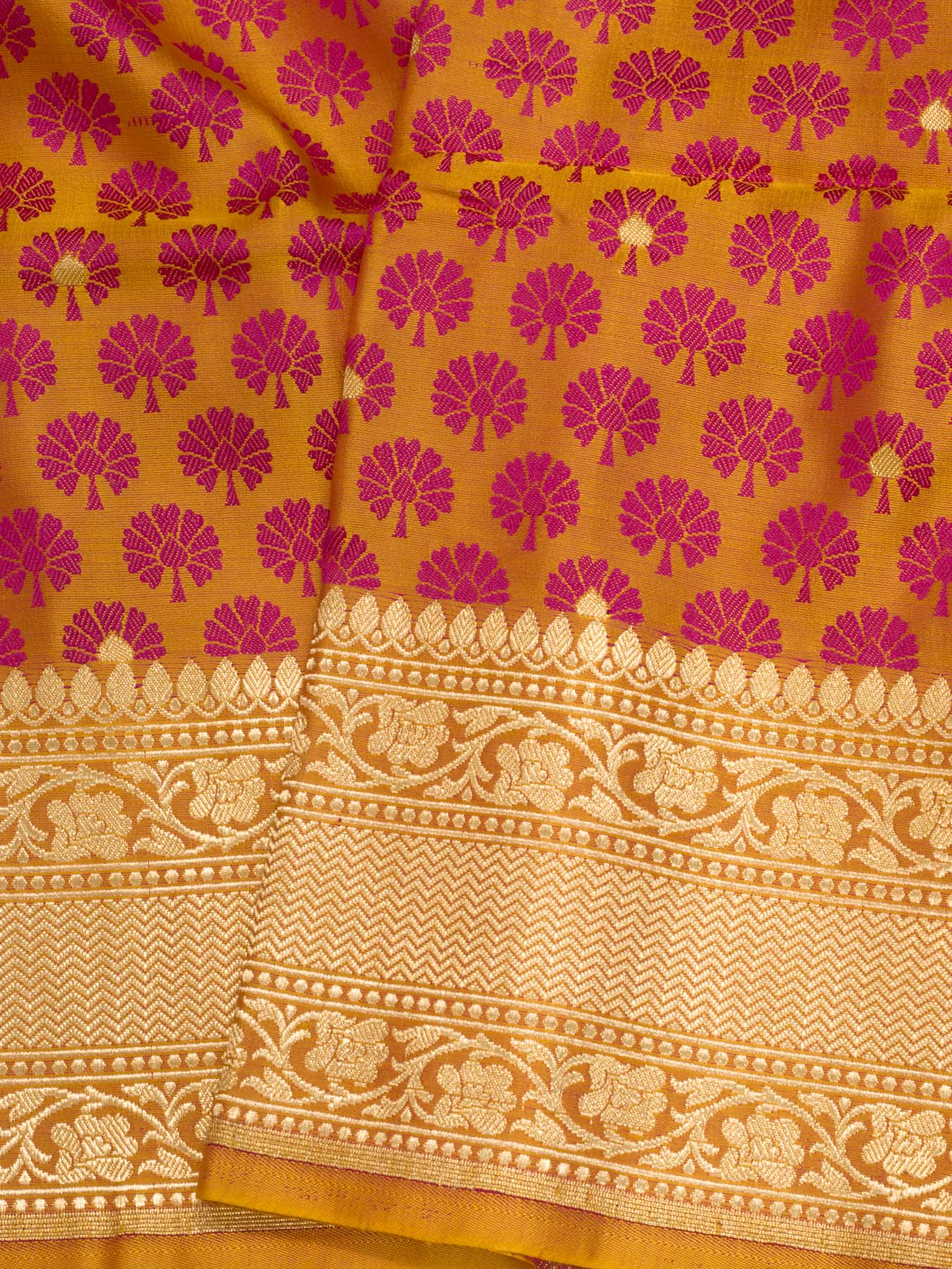 Pure Satin Silk Yellow Banarasi Allover Alfi Jamawar Tanchui & Zari Buti Accents - close-up of fabric detail - ZARISPIRE