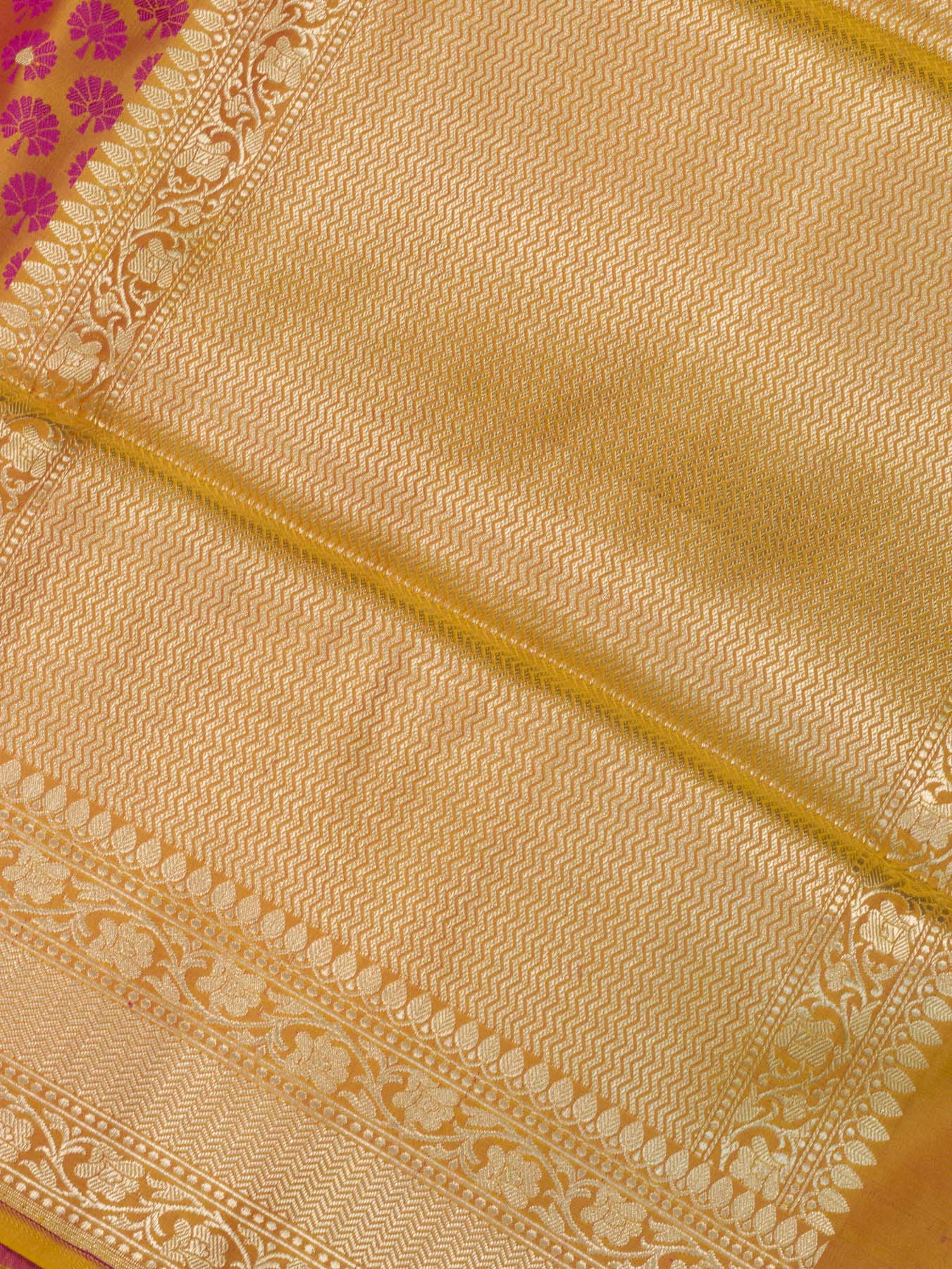 Yellow Pure Satin Silk Handloom Saree with Allover Alfi Jamawar Tanchui & Zari Buti Accents