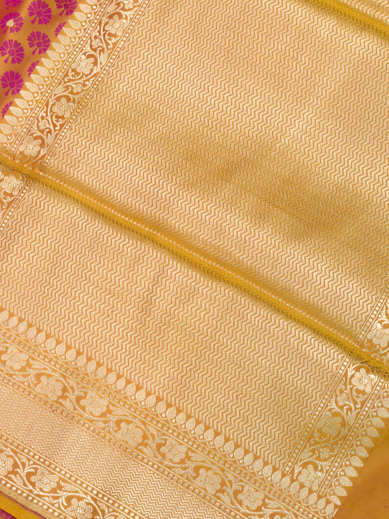 Pure Satin Silk Yellow Banarasi Allover Alfi Jamawar Tanchui & Zari Buti Accents - close-up - ZARISPIRE