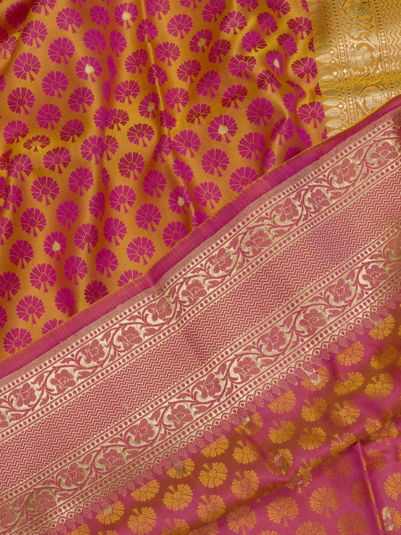 Yellow Pure Satin Silk Handloom Saree with Allover Alfi Jamawar Tanchui & Zari Buti Accents