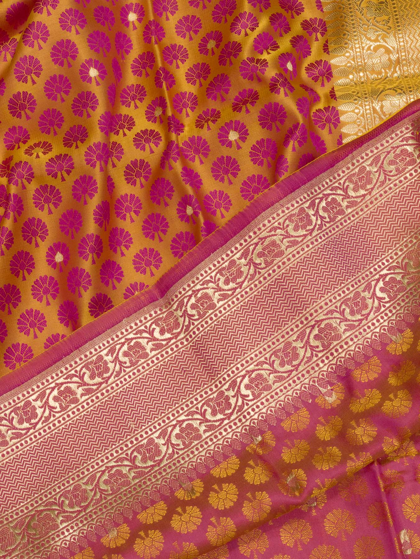 Pure Satin Silk Yellow Banarasi Allover Alfi Jamawar Tanchui & Zari Buti Accents - close-up of fabric detail - ZARISPIRE