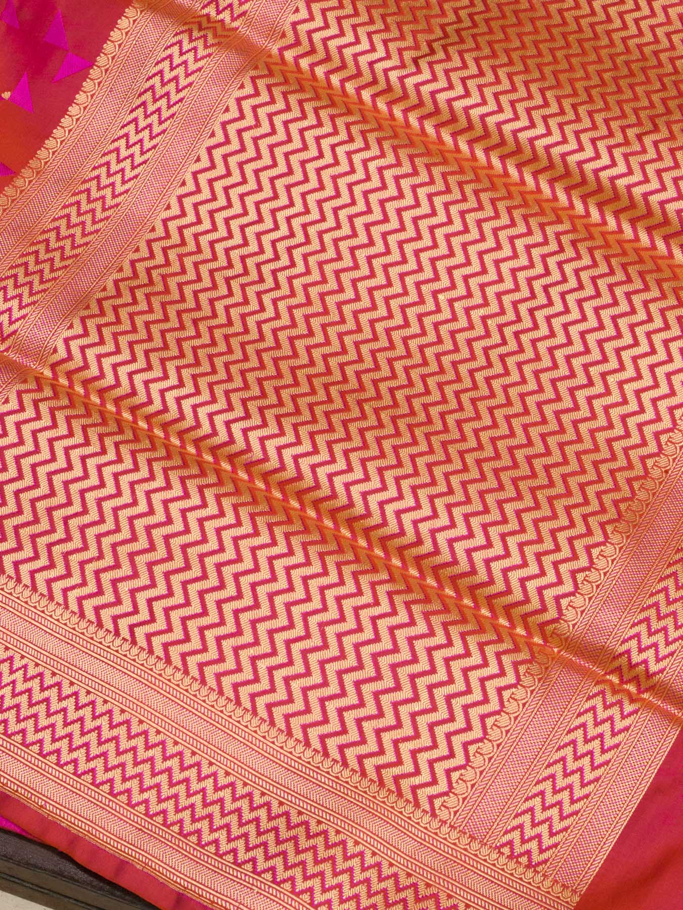 Pure Satin Silk Pink Banarasi Rani Handloom Saree with Allover Alfi Jamawar Tanchui & Zari Buti Accents - ZARISPIRE