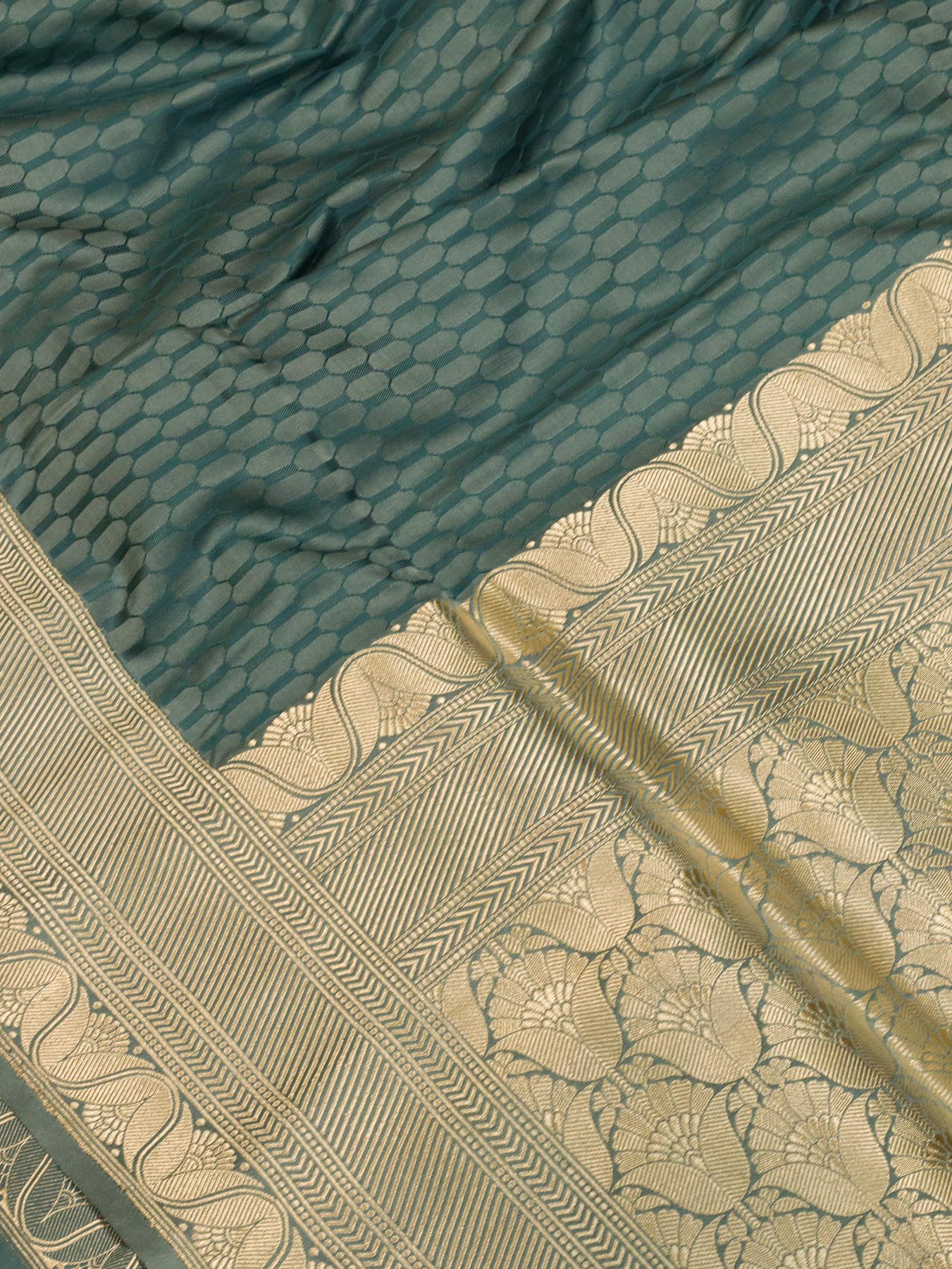 Steel Blue Pure Satin Silk Handloom Saree with Allover Alfi Jamawar Tanchui & Zari Vasket Blouse