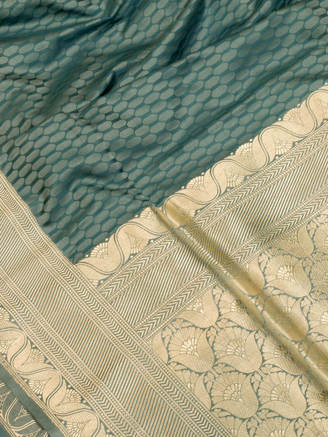 Pure Satin Silk Steel Blue Banarasi Allover Alfi Jamawar Tanchui & Zari Vasket Blouse - fabric weave detail - ZARISPIRE
