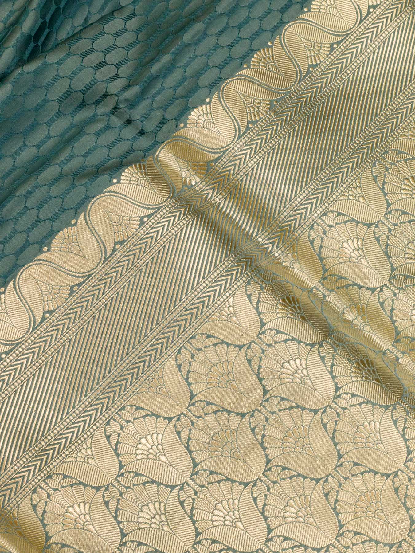Pure Satin Silk Steel Blue Banarasi Allover Alfi Jamawar Tanchui & Zari Vasket Blouse - fabric weave detail - ZARISPIRE