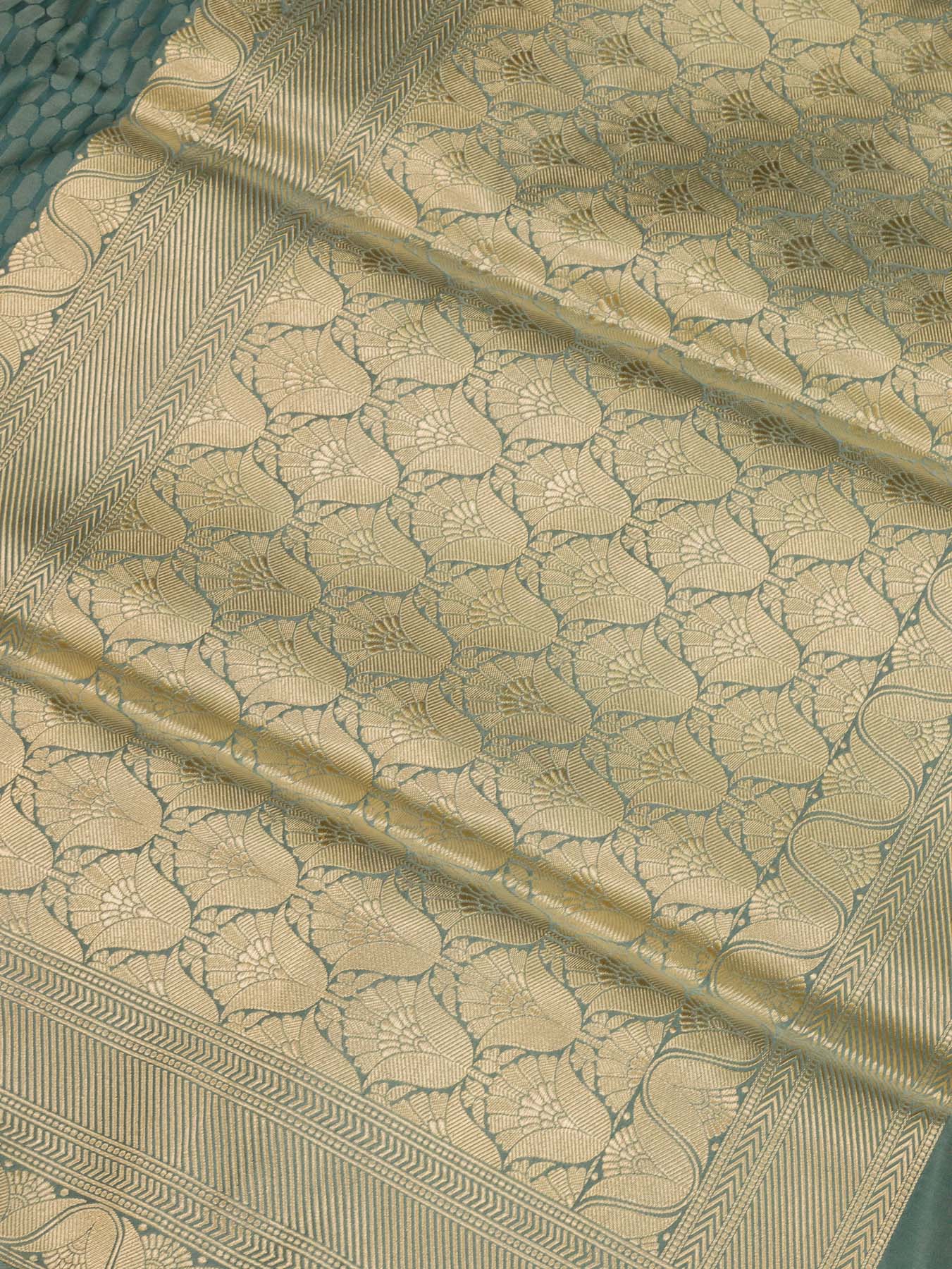 Steel Blue Pure Satin Silk Handloom Saree with Allover Alfi Jamawar Tanchui & Zari Vasket Blouse