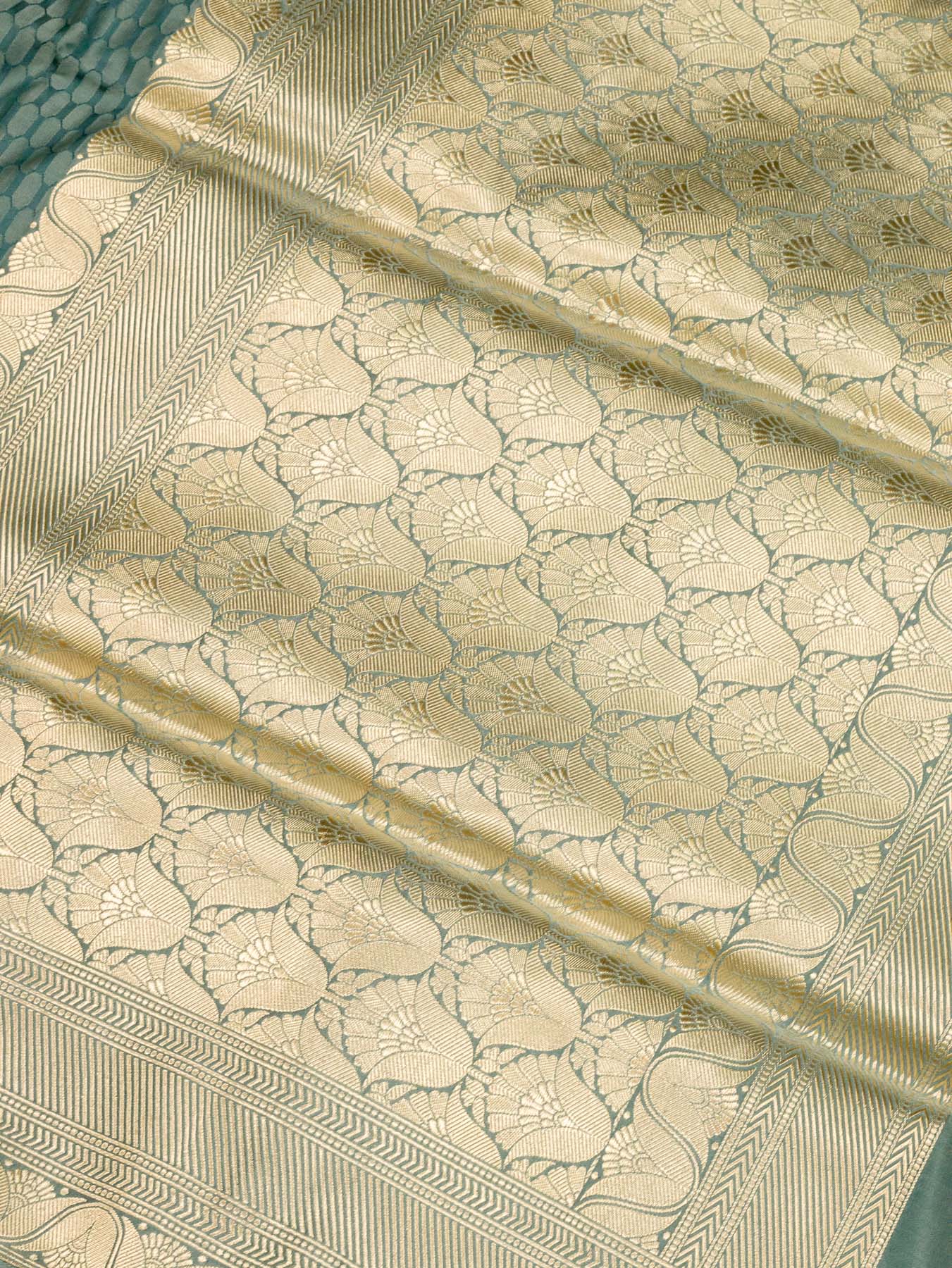 Pure Satin Silk Steel Blue Banarasi Allover Alfi Jamawar Tanchui & Zari Vasket Blouse - fabric weave detail - ZARISPIRE