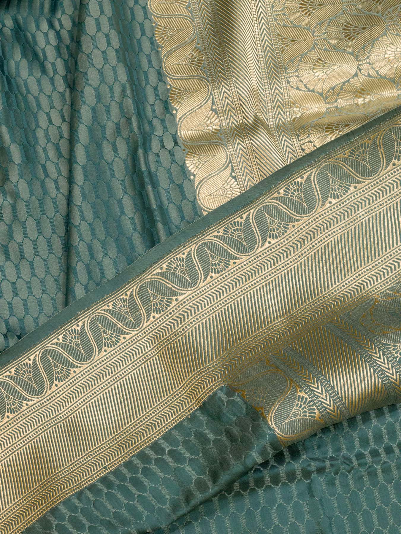 Pure Satin Silk Steel Blue Banarasi Allover Alfi Jamawar Tanchui & Zari Vasket Blouse - close-up of fabric weave - ZARISPIRE