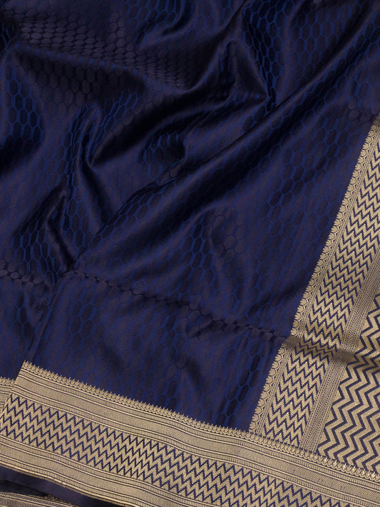 Navy Blue Pure Satin Silk Handloom Saree with Allover Alfi Jamawar Tanchui & Zari Vasket Blouse