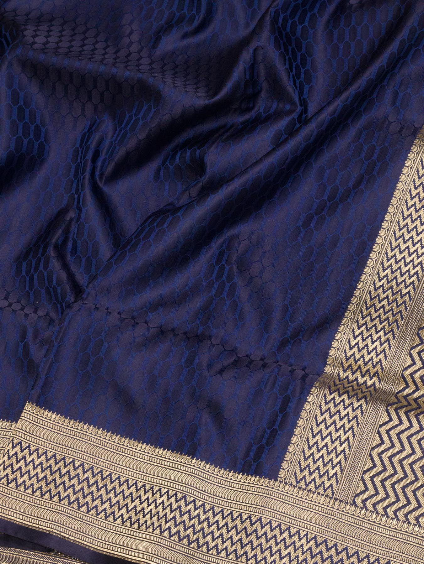 Pure Satin Silk Navy Blue Banarasi Handloom Saree with Allover Alfi Jamawar Tanchui & Zari Vasket Blouse - ZARISPIRE
