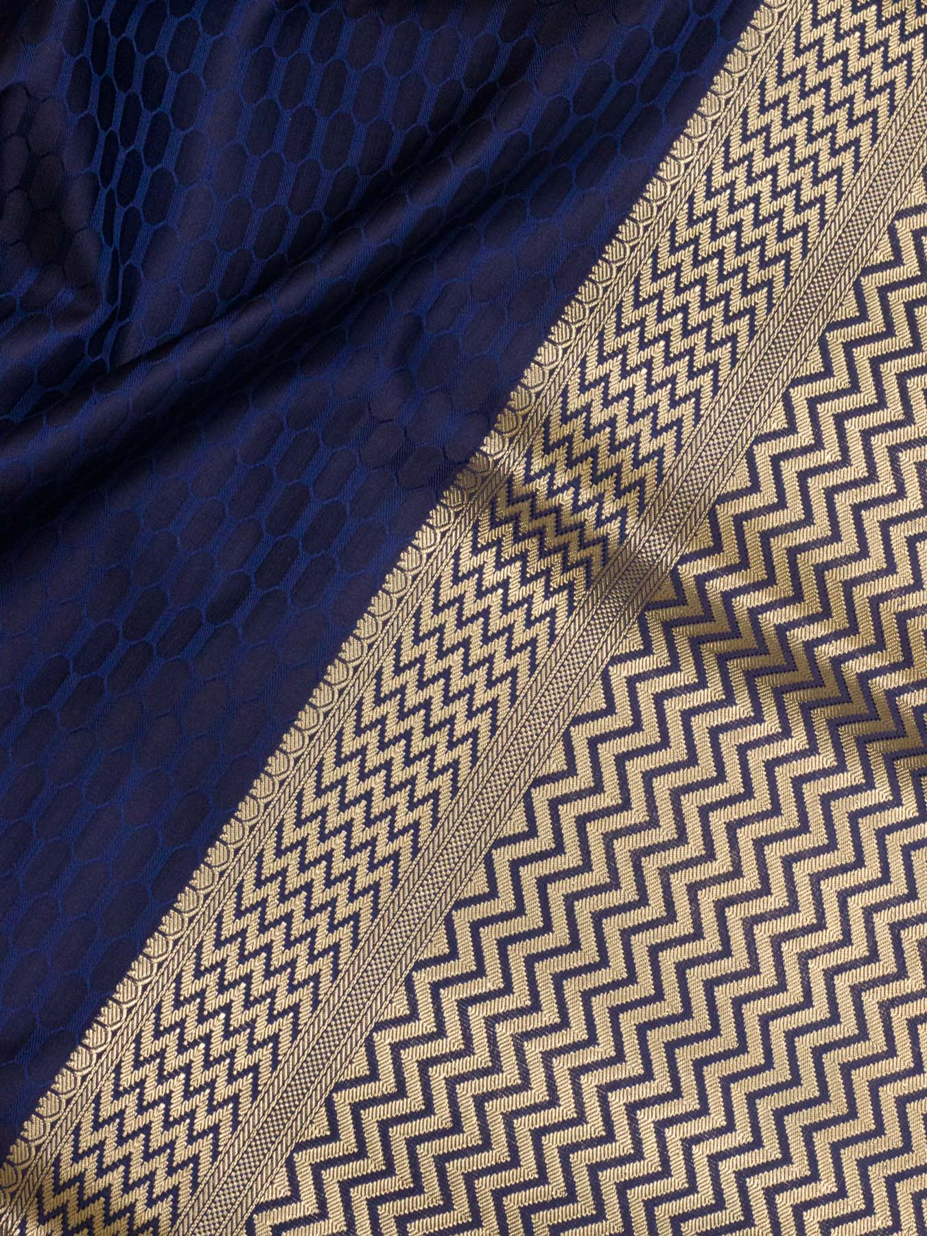 Pure Satin Silk Navy Blue Banarasi Handloom Saree with Allover Alfi Jamawar Tanchui & Zari Vasket Blouse - ZARISPIRE