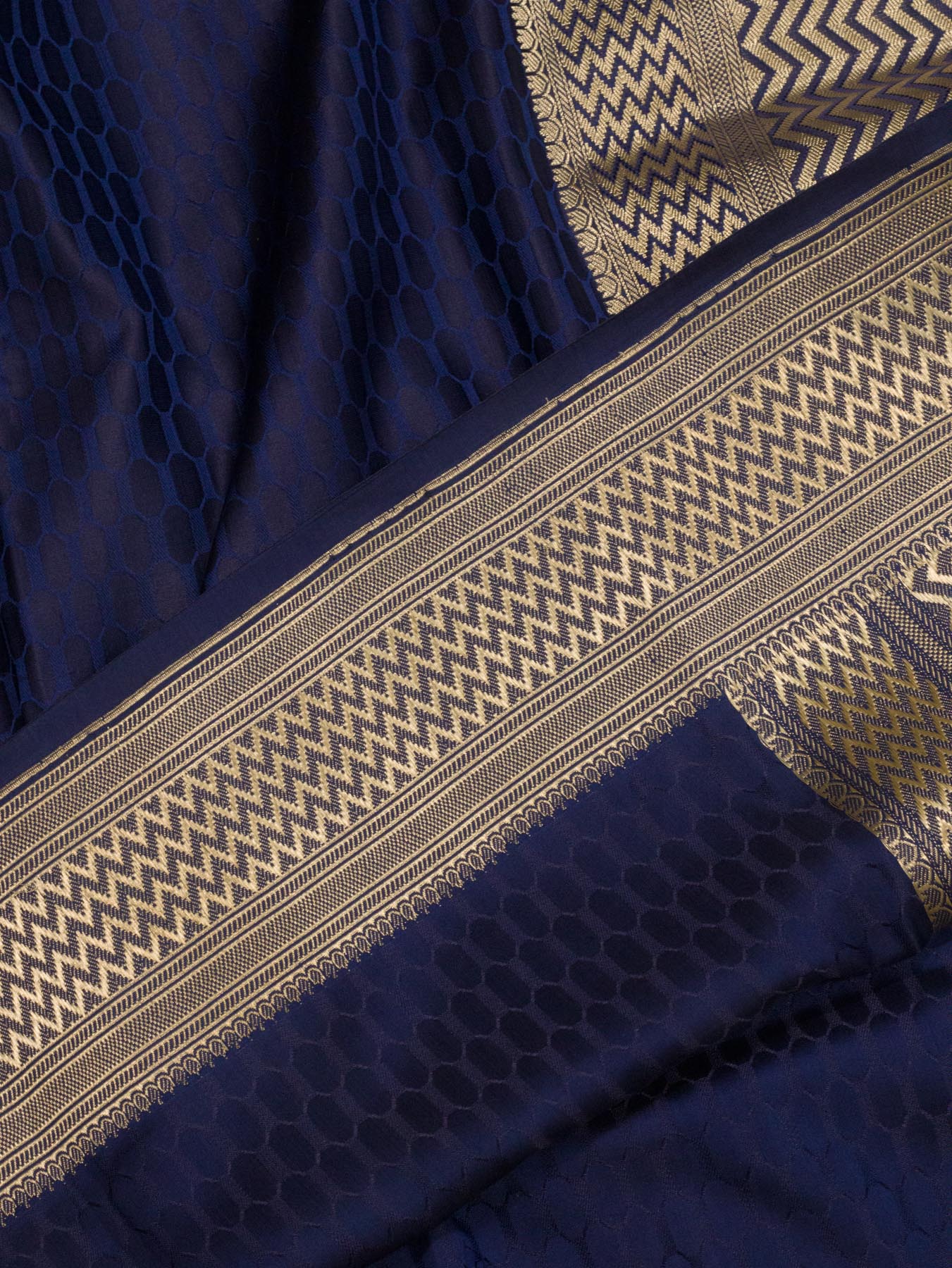 Navy Blue Pure Satin Silk Handloom Saree with Allover Alfi Jamawar Tanchui & Zari Vasket Blouse