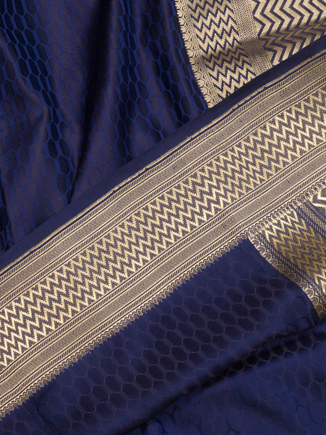 Pure Satin Silk Navy Blue Banarasi Handloom Saree with Allover Alfi Jamawar Tanchui & Zari Vasket Blouse - ZARISPIRE