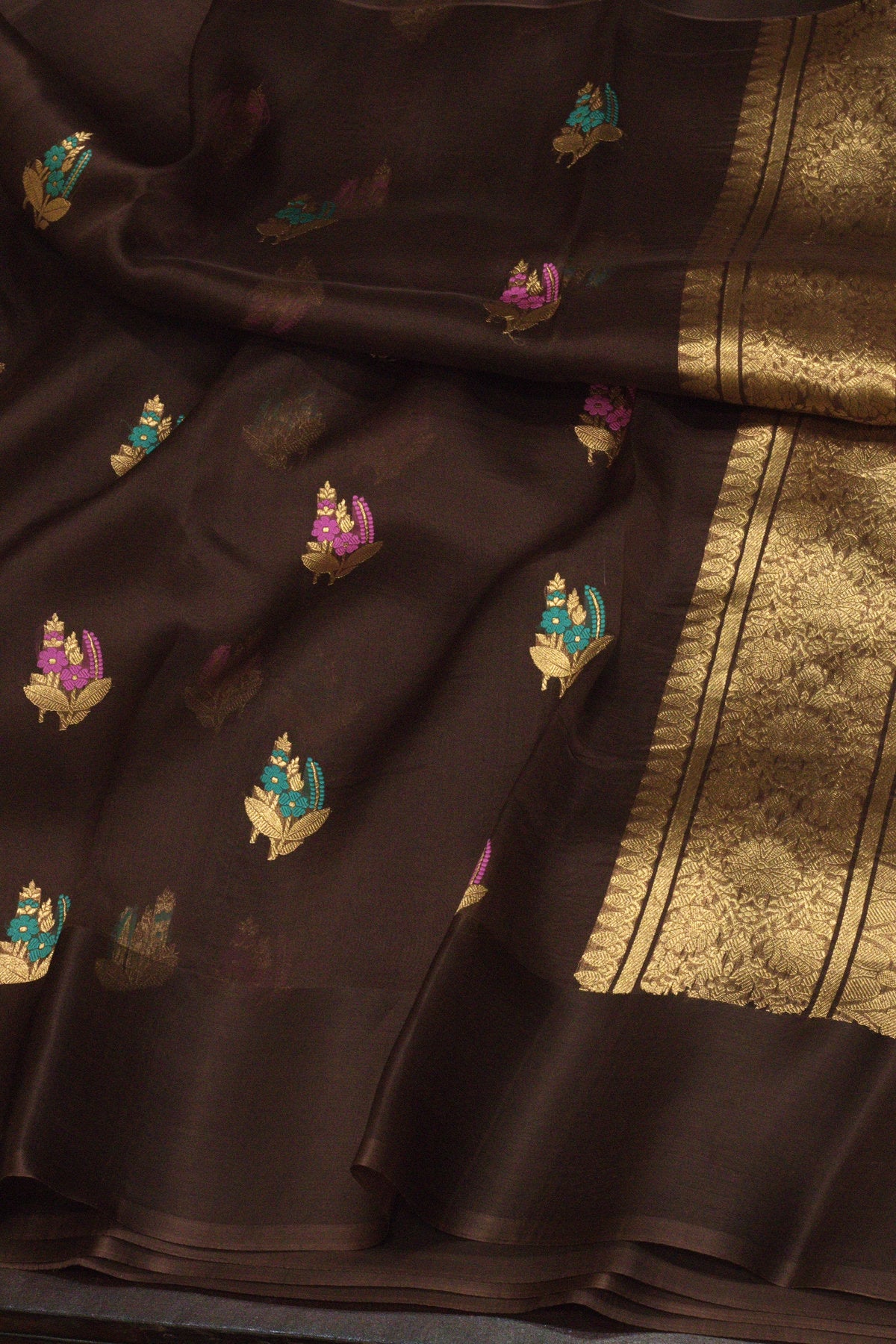Pure Kora Organza Silk Walnut Brown Banarasi Handloom Saree with Kadhwa Gold Zari Tilfi Meenakari Buti and - ZARISPIRE