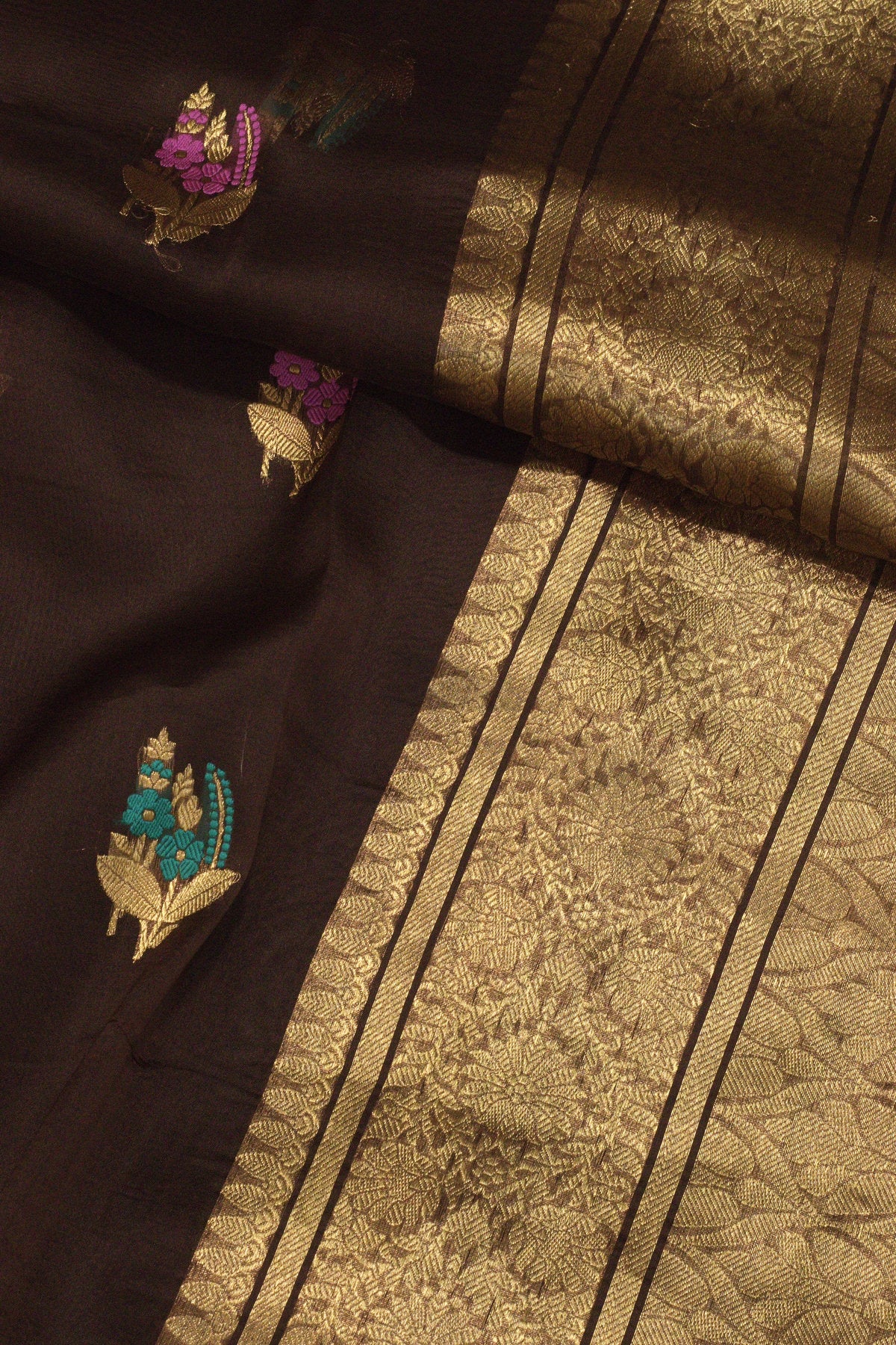Pure Kora Organza Silk Walnut Brown Banarasi Handloom Saree with Kadhwa Gold Zari Tilfi Meenakari Buti and - ZARISPIRE