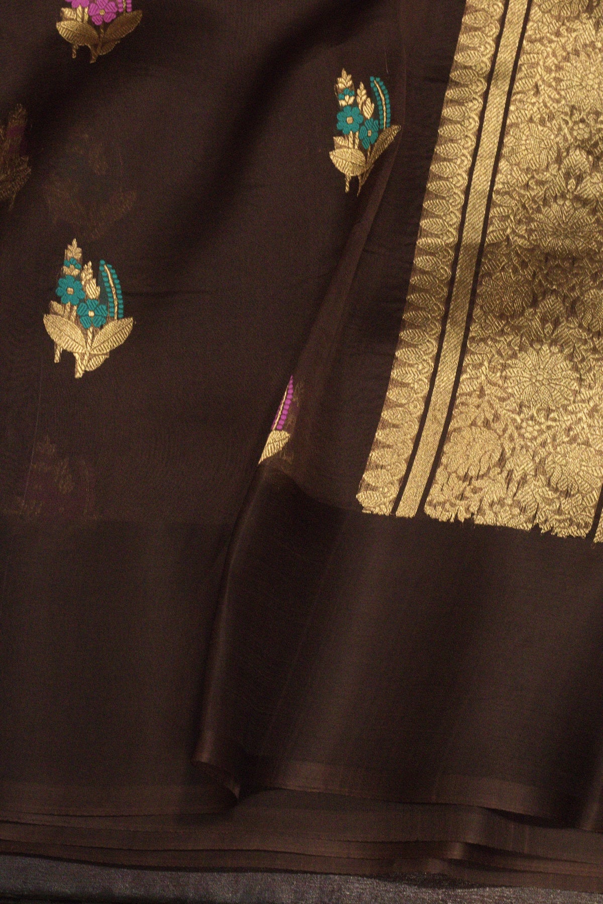Pure Kora Organza Silk Walnut Brown Banarasi Handloom Saree with Kadhwa Gold Zari Tilfi Meenakari Buti and - ZARISPIRE