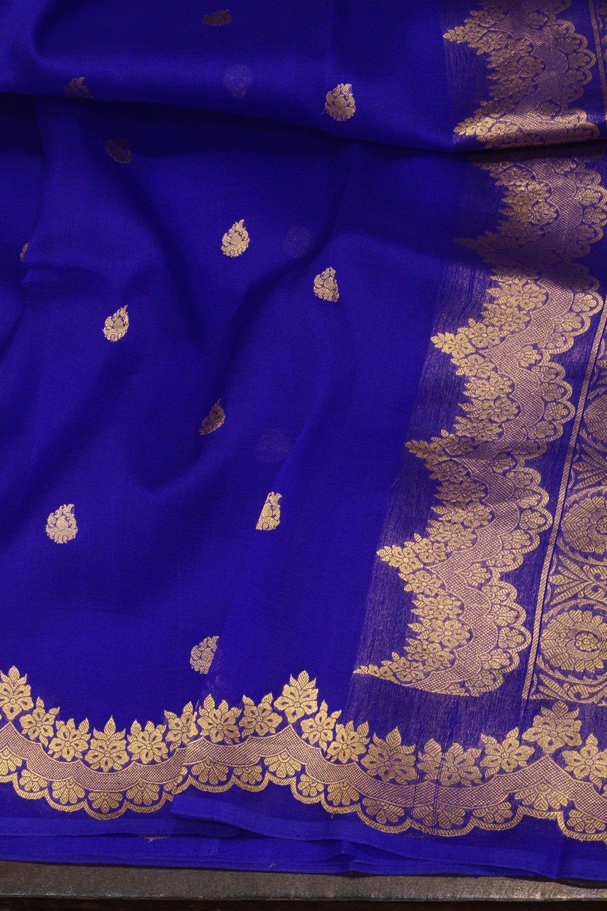 Royal Blue Pure Kora Organza Silk Handloom Saree with Kadhwa Gold Zari Buti & Scallop Border