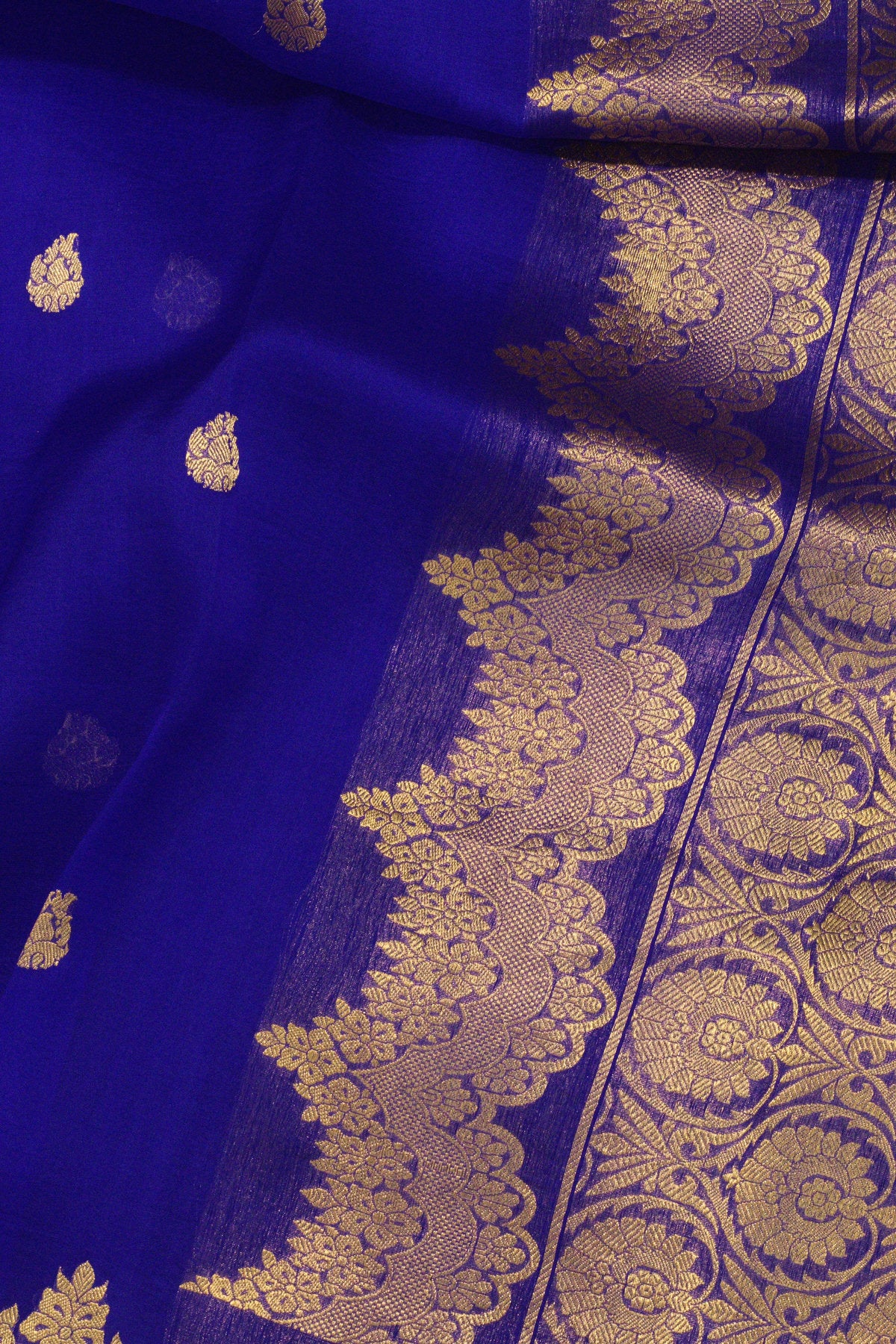 Royal Blue Pure Kora Organza Silk Handloom Saree with Kadhwa Gold Zari Buti & Scallop Border