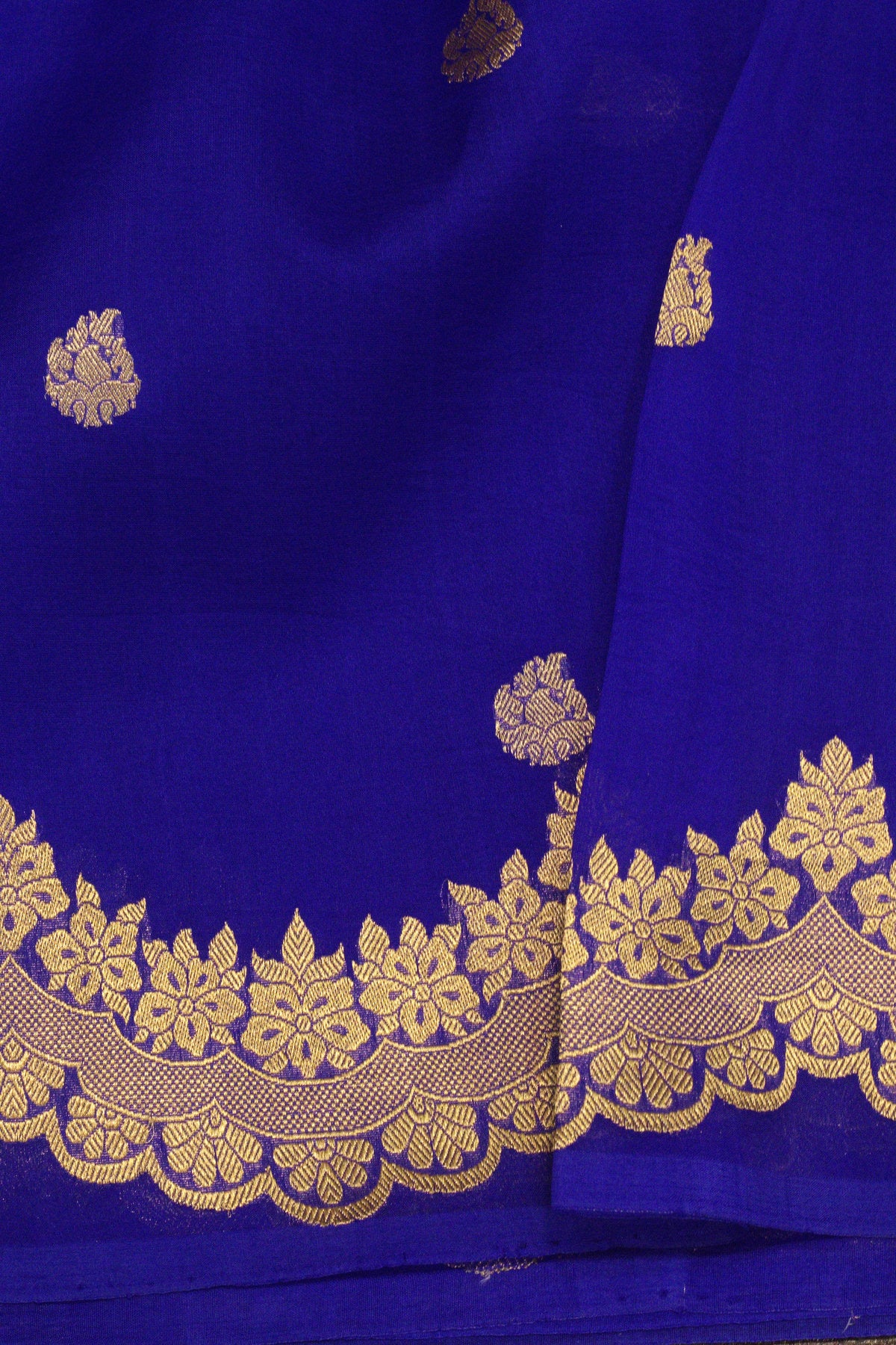 Royal Blue Pure Kora Organza Silk Handloom Saree with Kadhwa Gold Zari Buti & Scallop Border