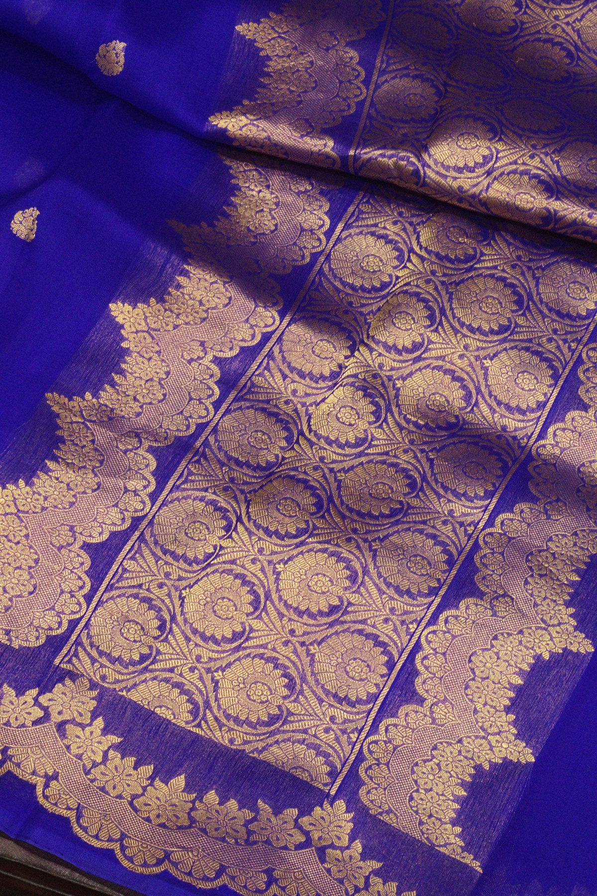Royal Blue Pure Kora Organza Silk Handloom Saree with Kadhwa Gold Zari Buti & Scallop Border