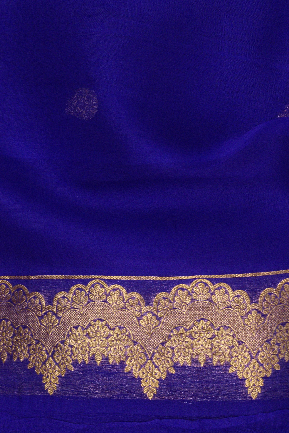 Royal Blue Pure Kora Organza Silk Handloom Saree with Kadhwa Gold Zari Buti & Scallop Border