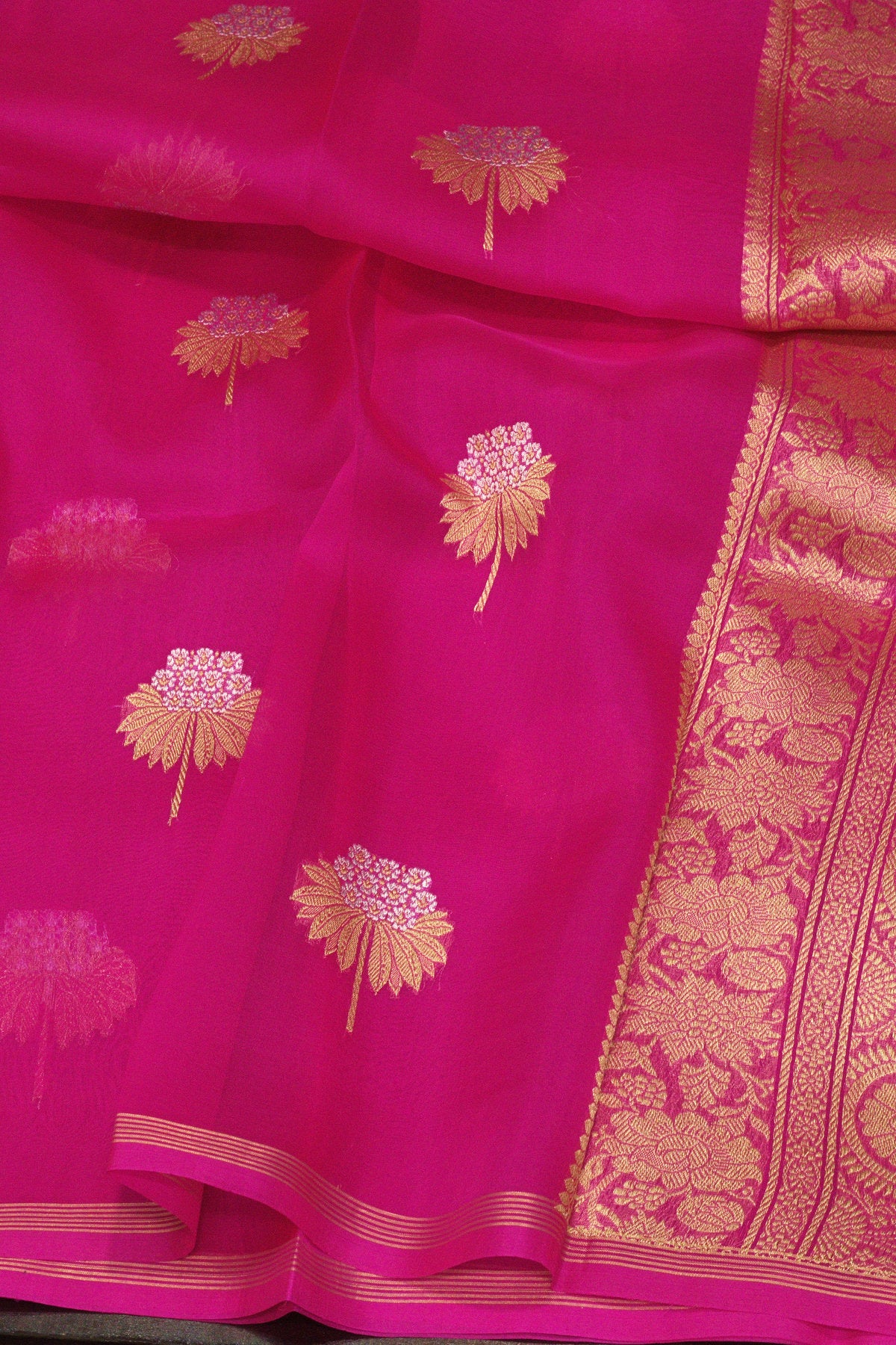 Rani Pink Pure Kora Organza Silk Handloom Saree with Kadhwa Gold & Silver Zari Buti