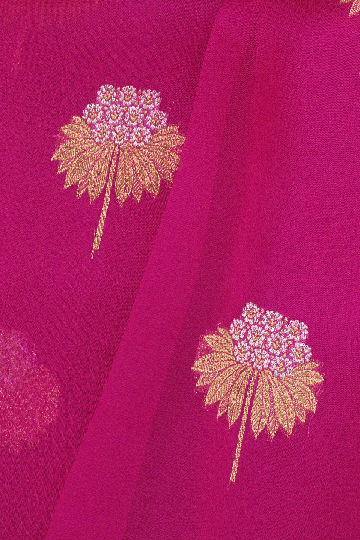 Rani Pink Pure Kora Organza Silk Handloom Saree with Kadhwa Gold & Silver Zari Buti