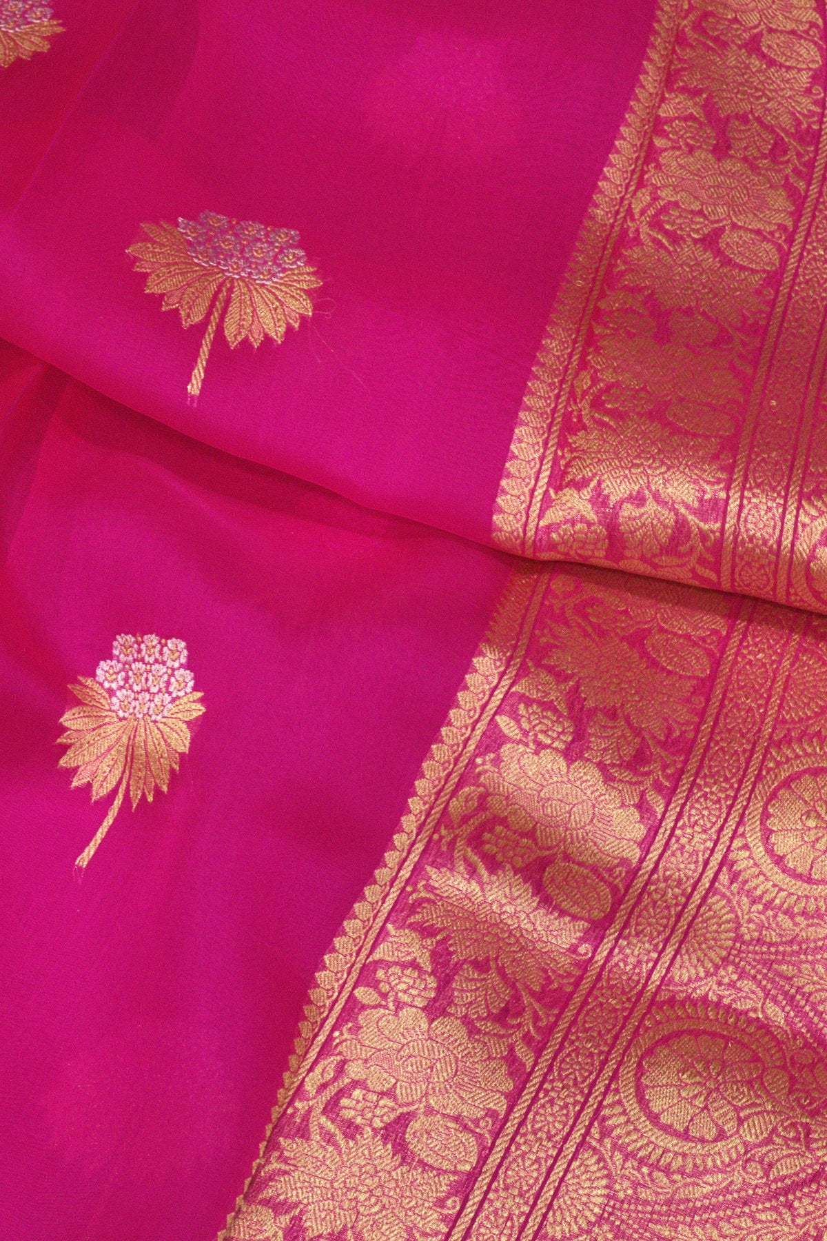 Rani Pink Pure Kora Organza Silk Handloom Saree with Kadhwa Gold & Silver Zari Buti