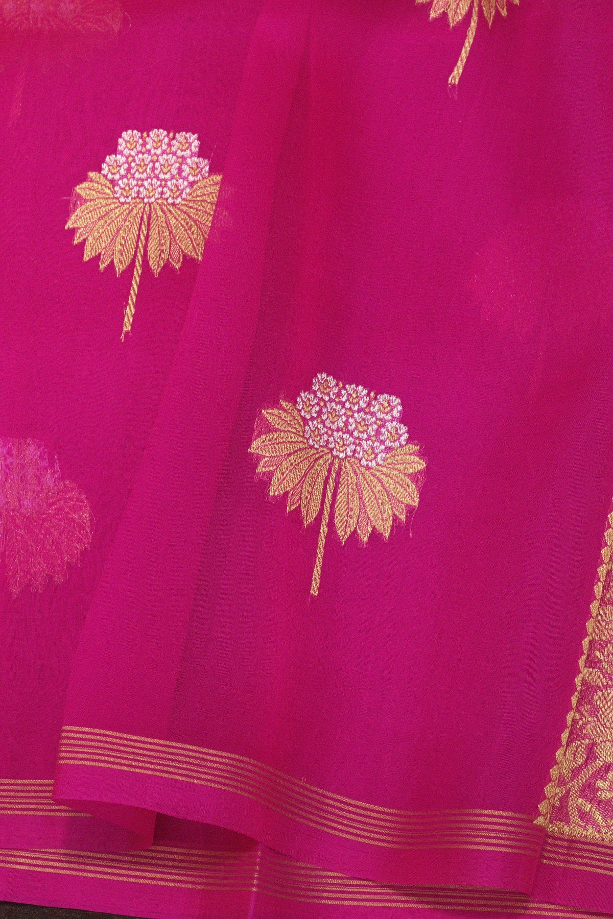 Rani Pink Pure Kora Organza Silk Handloom Saree with Kadhwa Gold & Silver Zari Buti