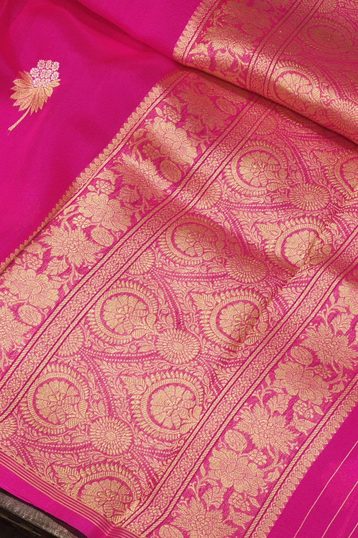 Rani Pink Pure Kora Organza Silk Handloom Saree with Kadhwa Gold & Silver Zari Buti