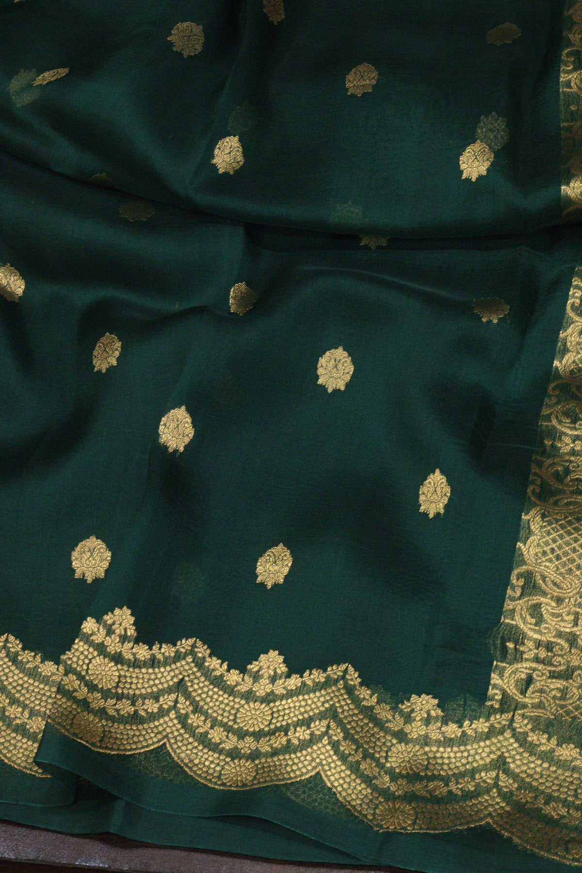 Bottle Green Pure Kora Organza Silk Handloom Saree with Kadhwa Gold Zari Buti & Scallop Border