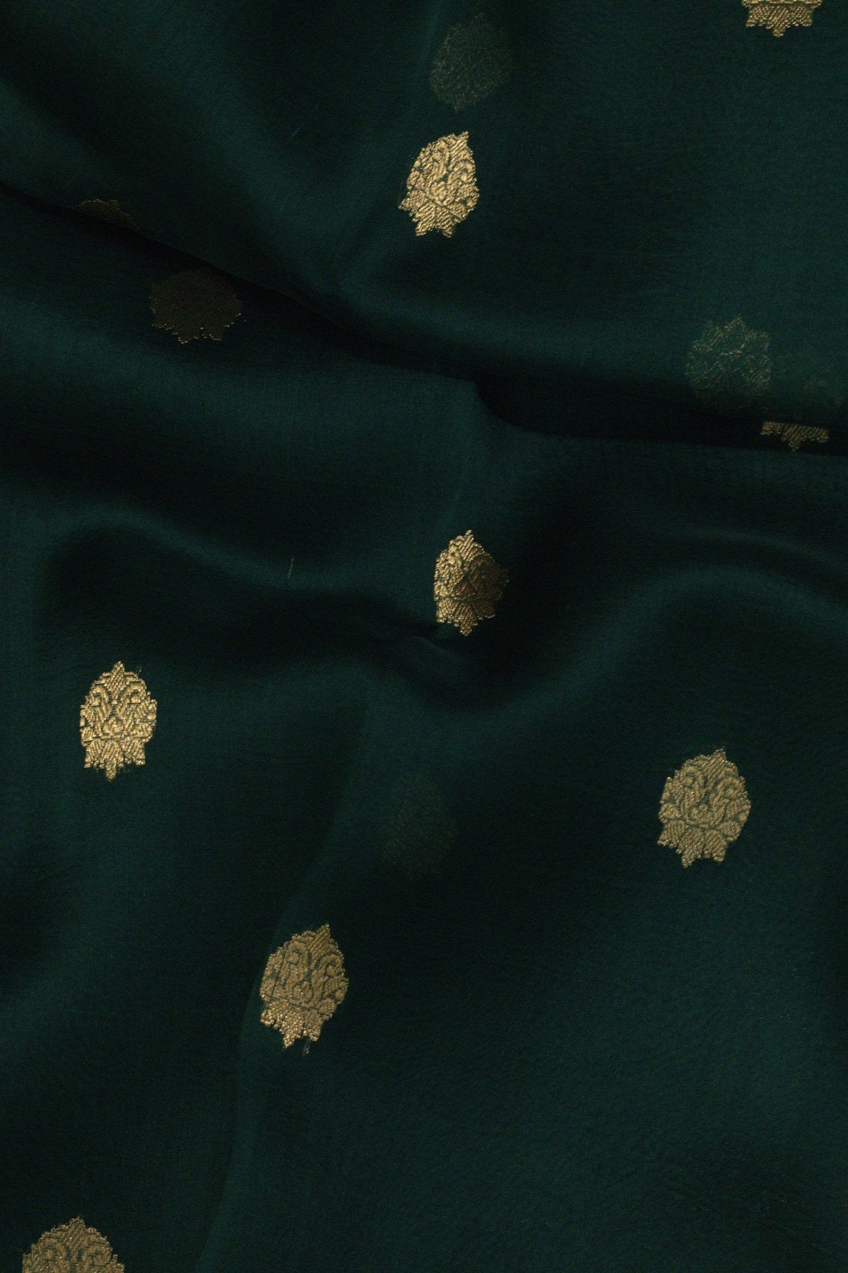 Bottle Green Pure Kora Organza Silk Handloom Saree with Kadhwa Gold Zari Buti & Scallop Border