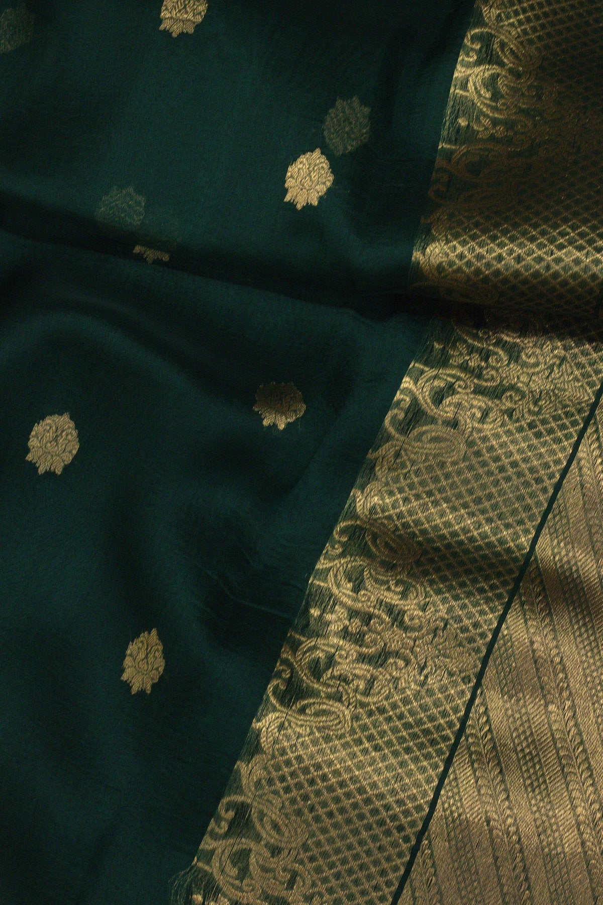 Bottle Green Pure Kora Organza Silk Handloom Saree with Kadhwa Gold Zari Buti & Scallop Border