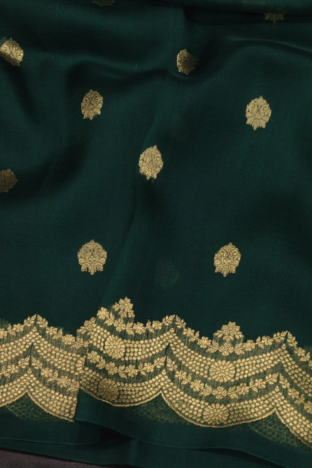 Bottle Green Pure Kora Organza Silk Handloom Saree with Kadhwa Gold Zari Buti & Scallop Border