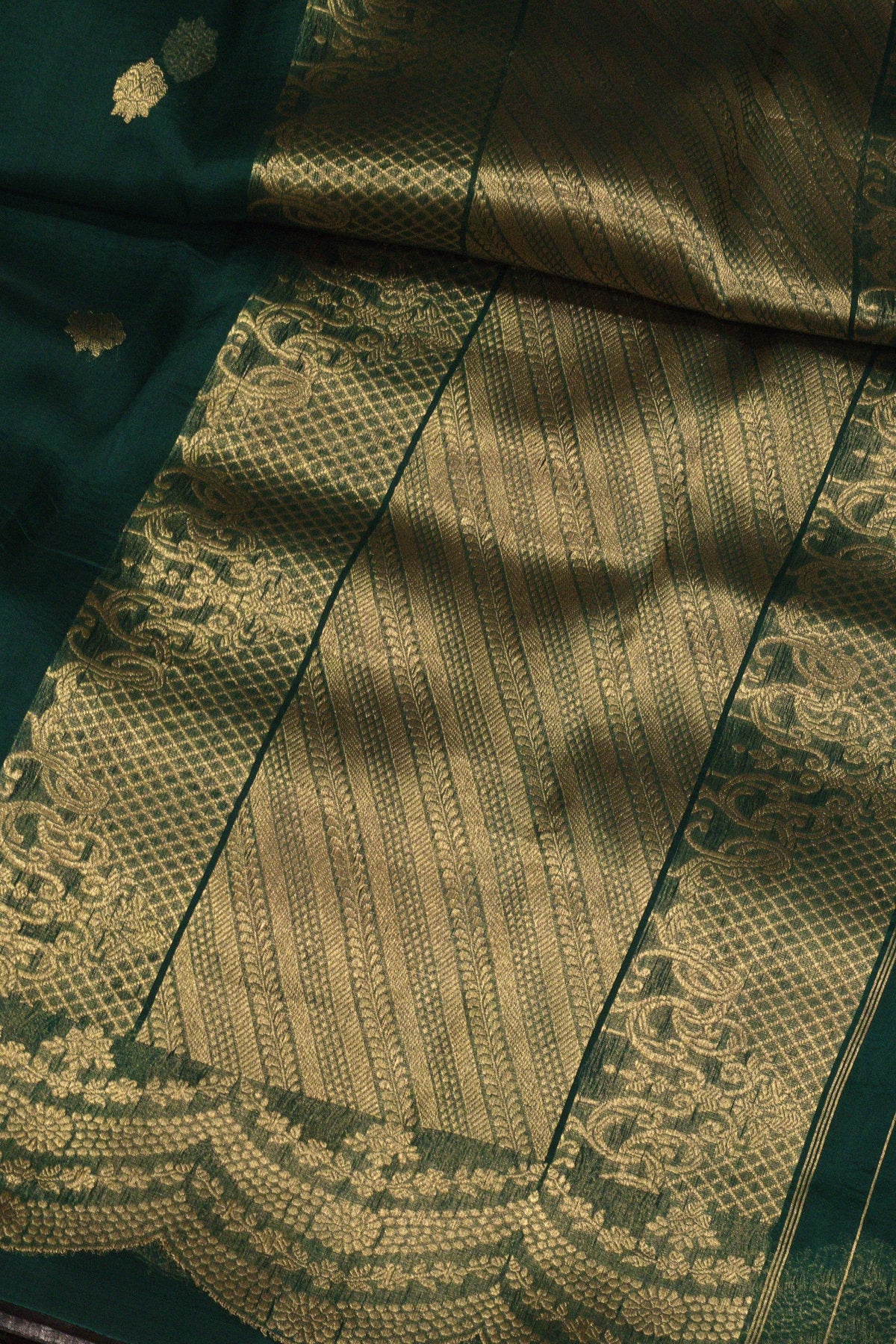 Bottle Green Pure Kora Organza Silk Handloom Saree with Kadhwa Gold Zari Buti & Scallop Border