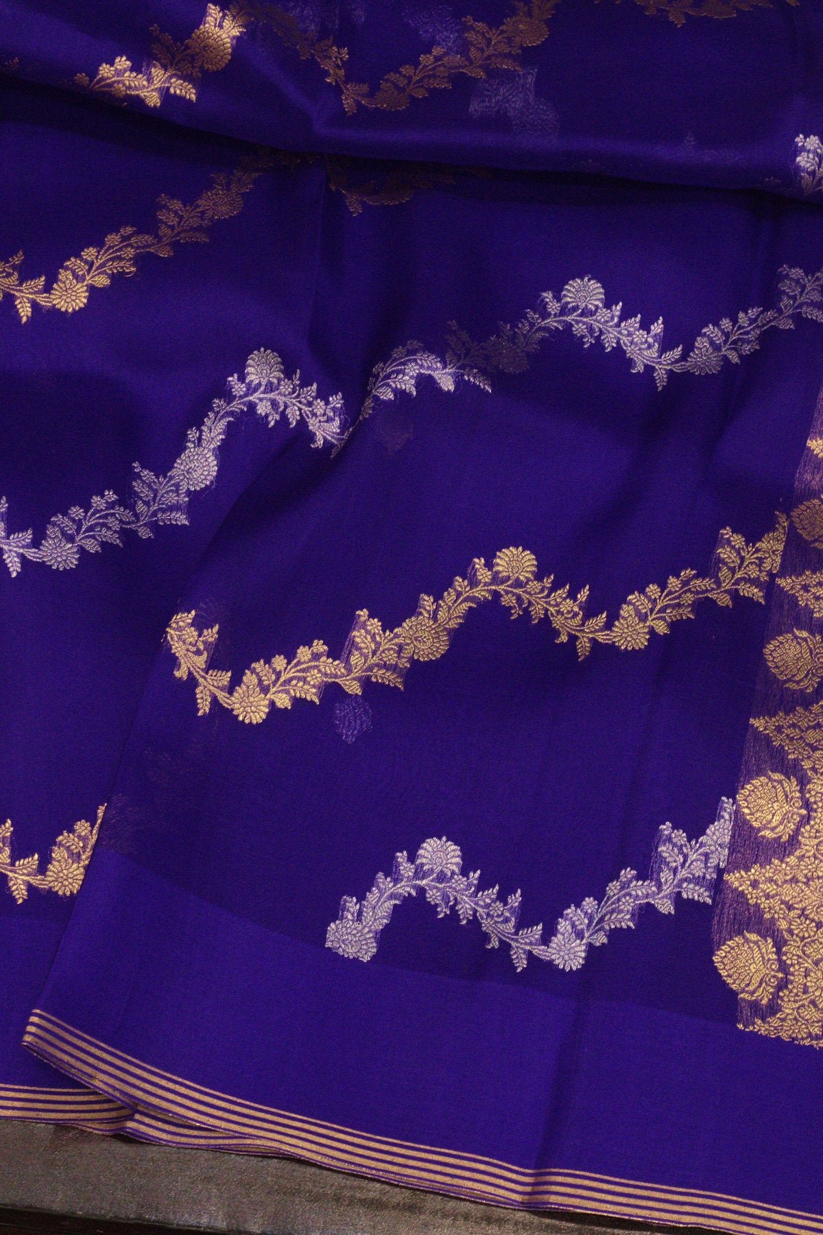 Uda Purple Pure Kora Organza Silk Handloom Saree with Kadhwa Gold & Silver Zari Aadha Jaal