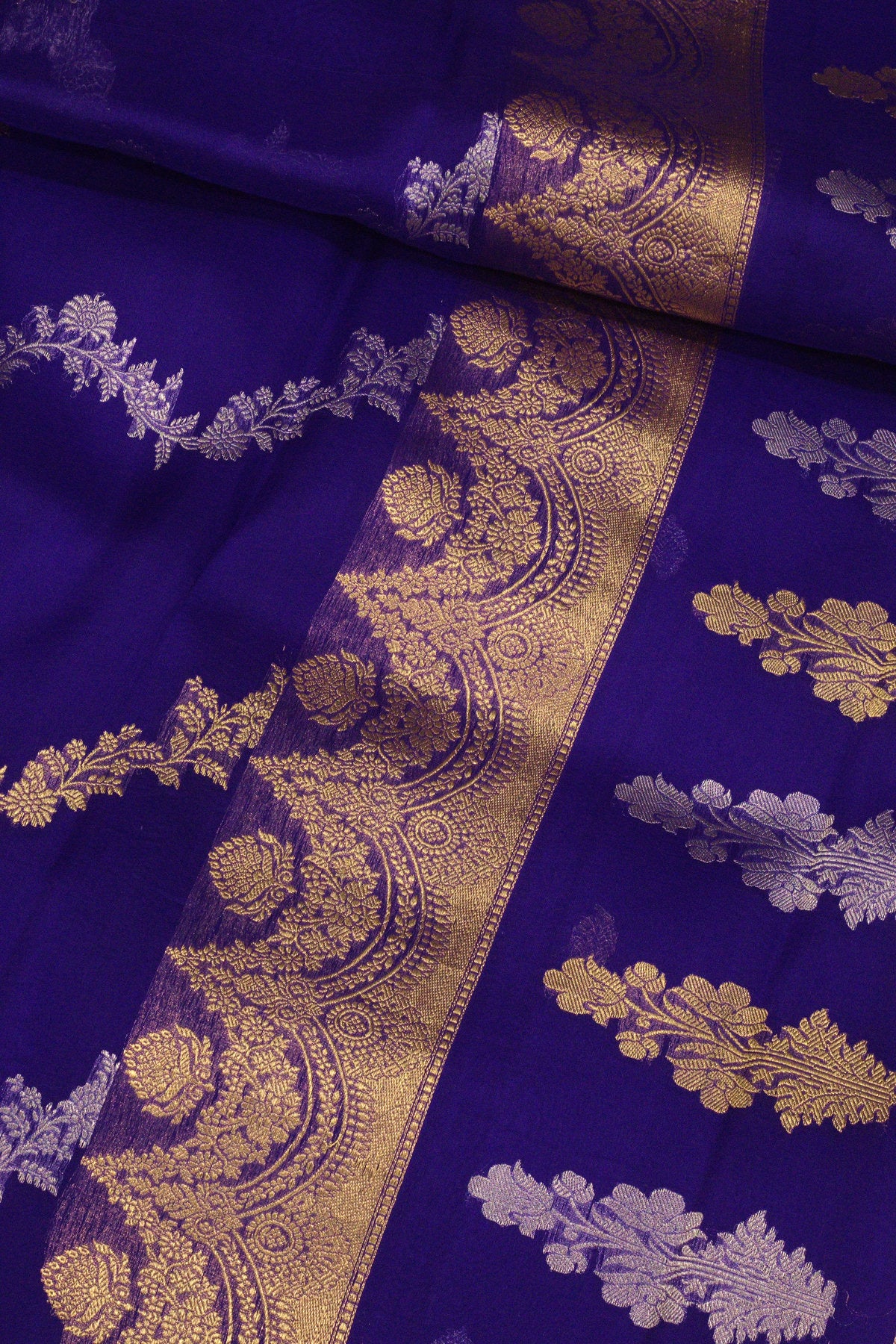 Uda Purple Pure Kora Organza Silk Handloom Saree with Kadhwa Gold & Silver Zari Aadha Jaal