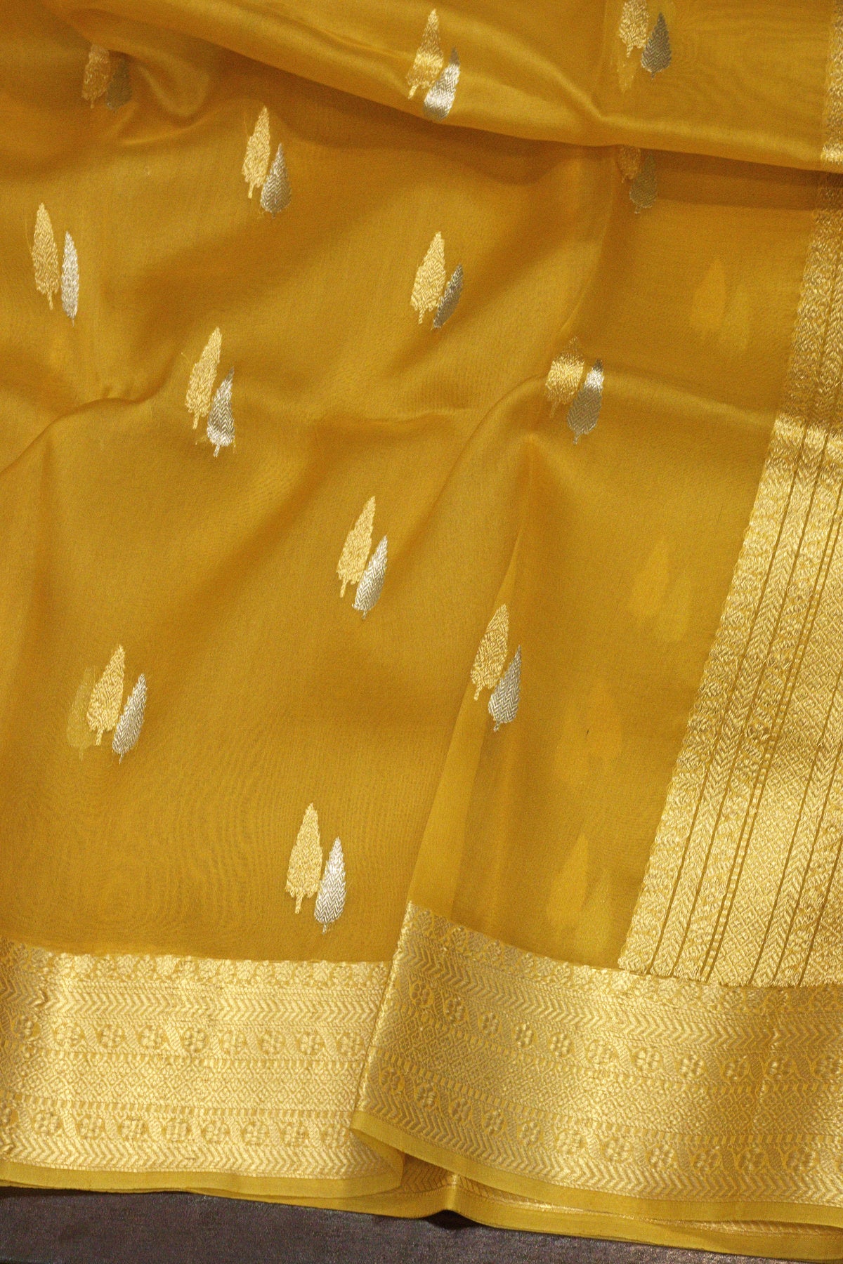 Yellow Pure Kora Organza Silk Handloom Saree with Kadhwa Gold & Silver Zari Heritage Buti & Border