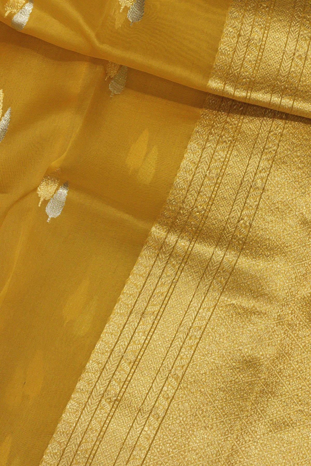 Yellow Pure Kora Organza Silk Handloom Saree with Kadhwa Gold & Silver Zari Heritage Buti & Border