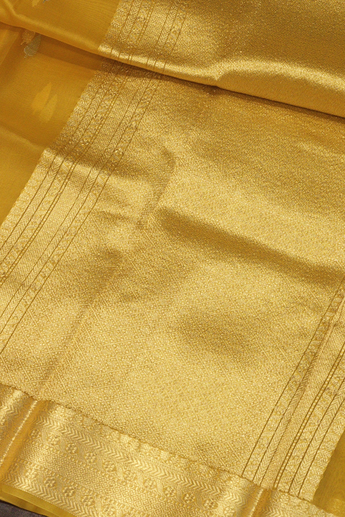 Yellow Pure Kora Organza Silk Handloom Saree with Kadhwa Gold & Silver Zari Heritage Buti & Border