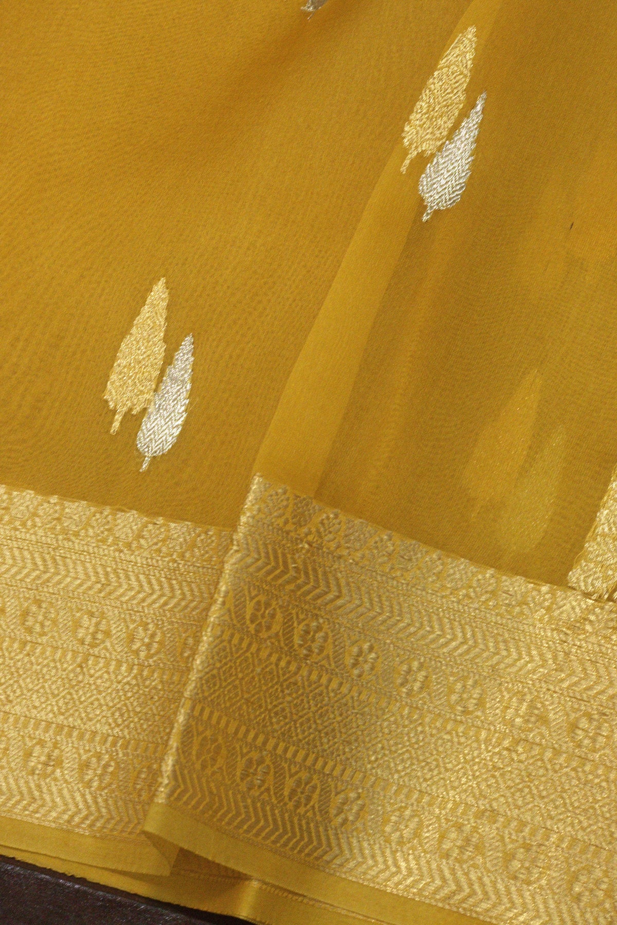 Yellow Pure Kora Organza Silk Handloom Saree with Kadhwa Gold & Silver Zari Heritage Buti & Border