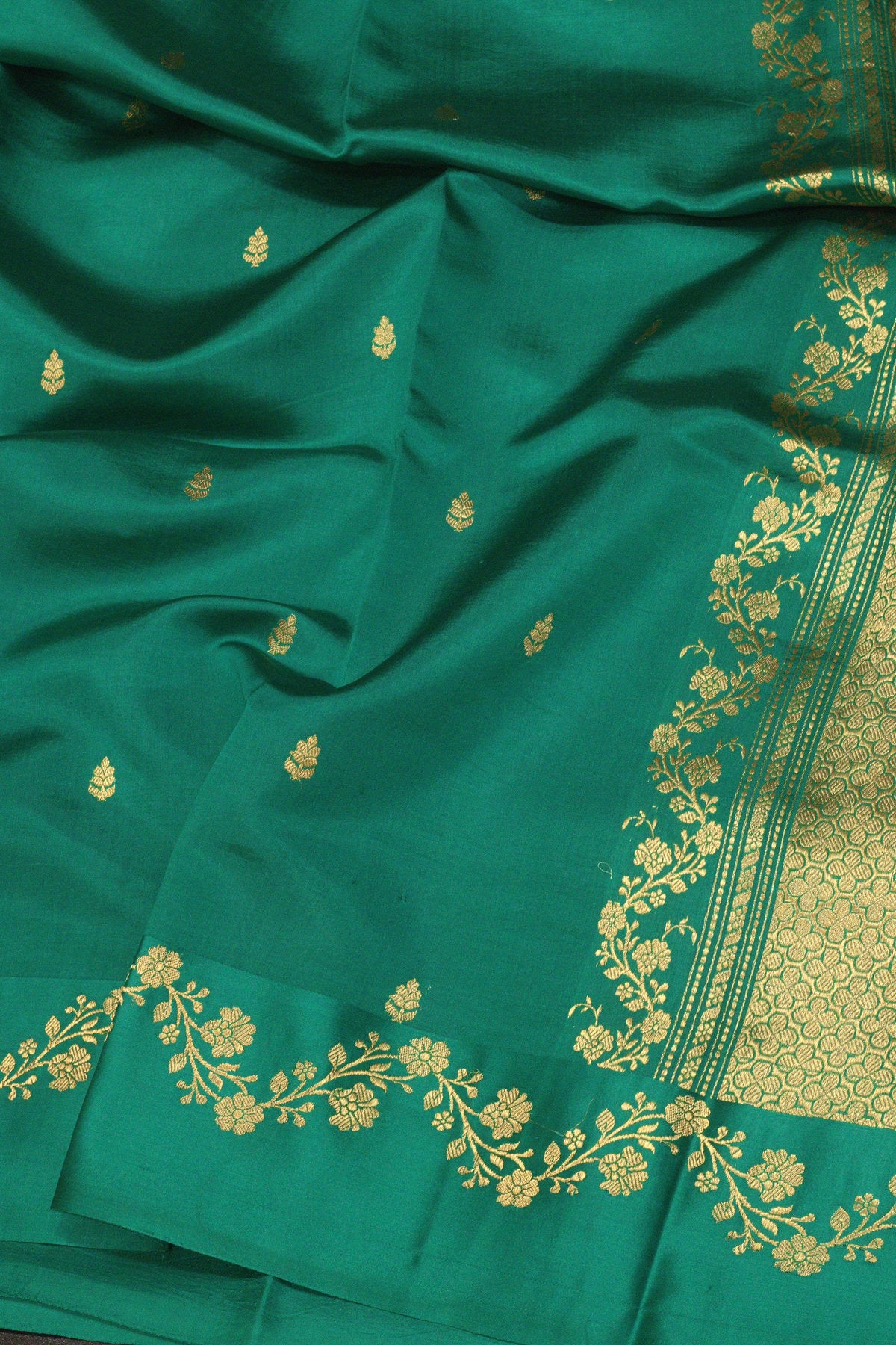 Teal Green Pure Katan Silk Handloom Saree Kadhwa Zari Scallop  Border & Buti