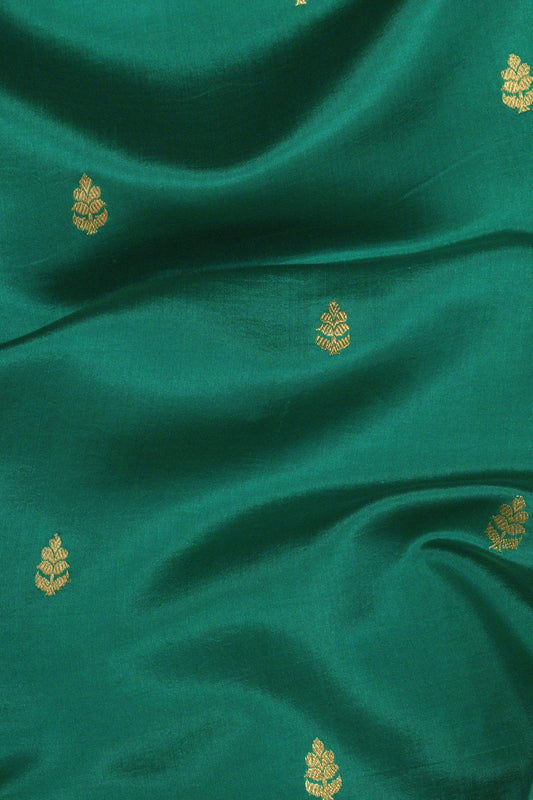 Pure Katan Silk Green Banarasi Teal Handloom Saree Kadhwa Zari Scallop Border & Buti - close-up - ZARISPIRE