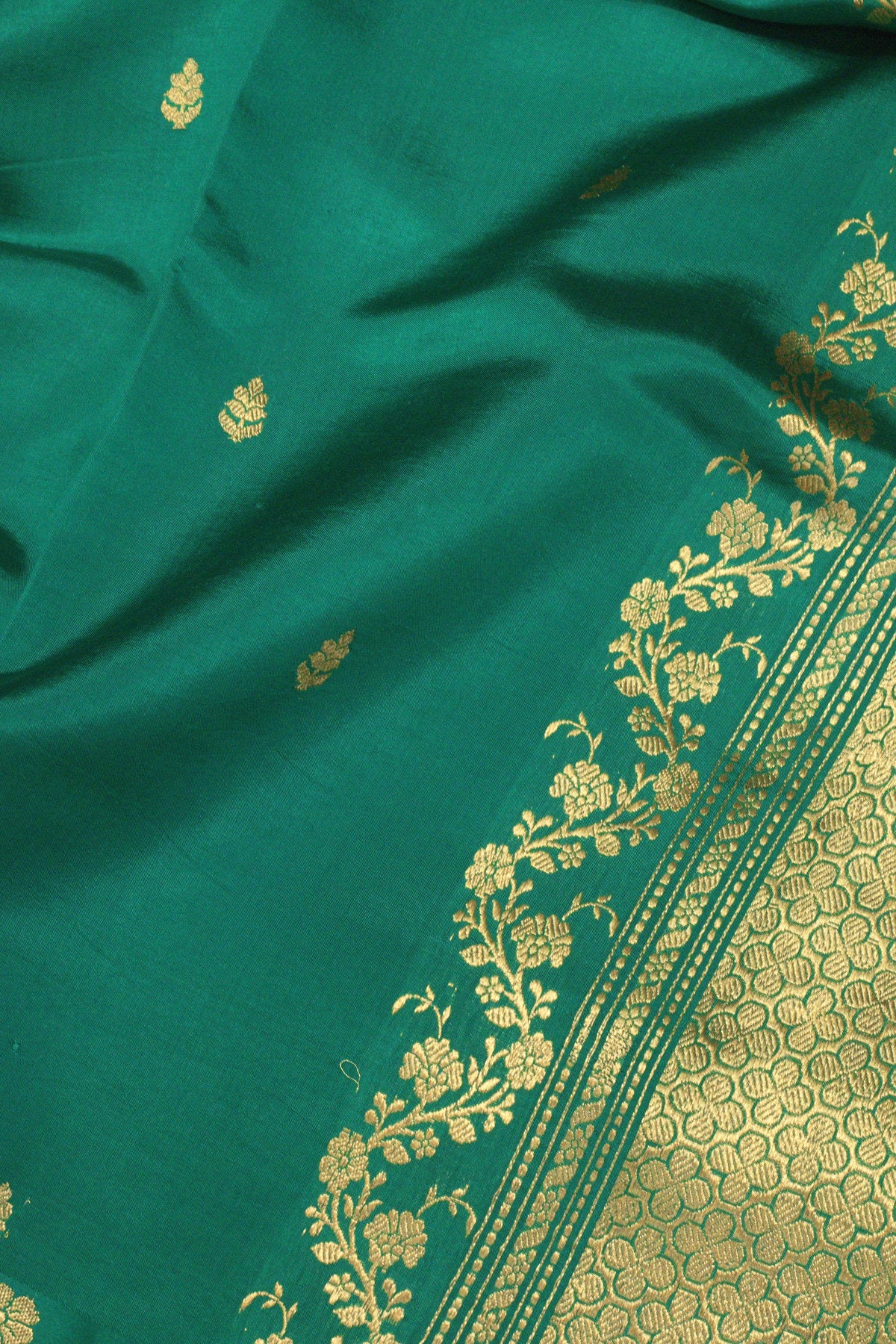 Teal Green Pure Katan Silk Handloom Saree Kadhwa Zari Scallop  Border & Buti