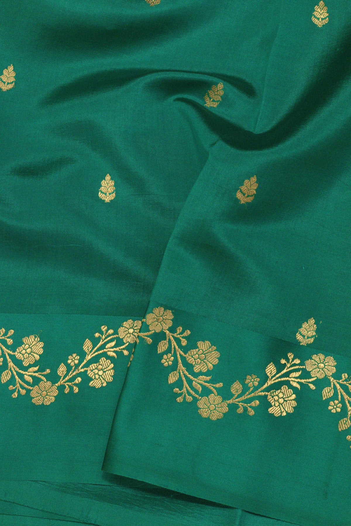 Teal Green Pure Katan Silk Handloom Saree Kadhwa Zari Scallop  Border & Buti
