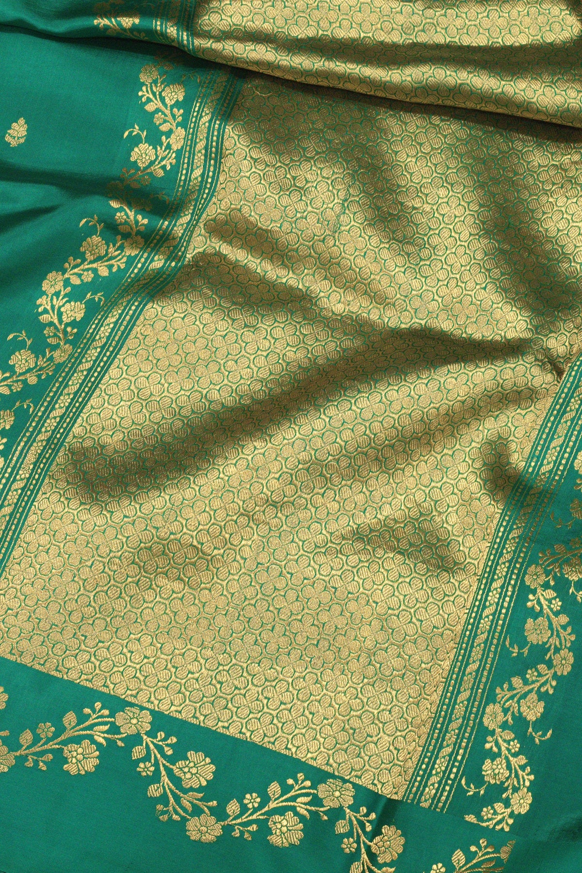 Teal Green Pure Katan Silk Handloom Saree Kadhwa Zari Scallop  Border & Buti